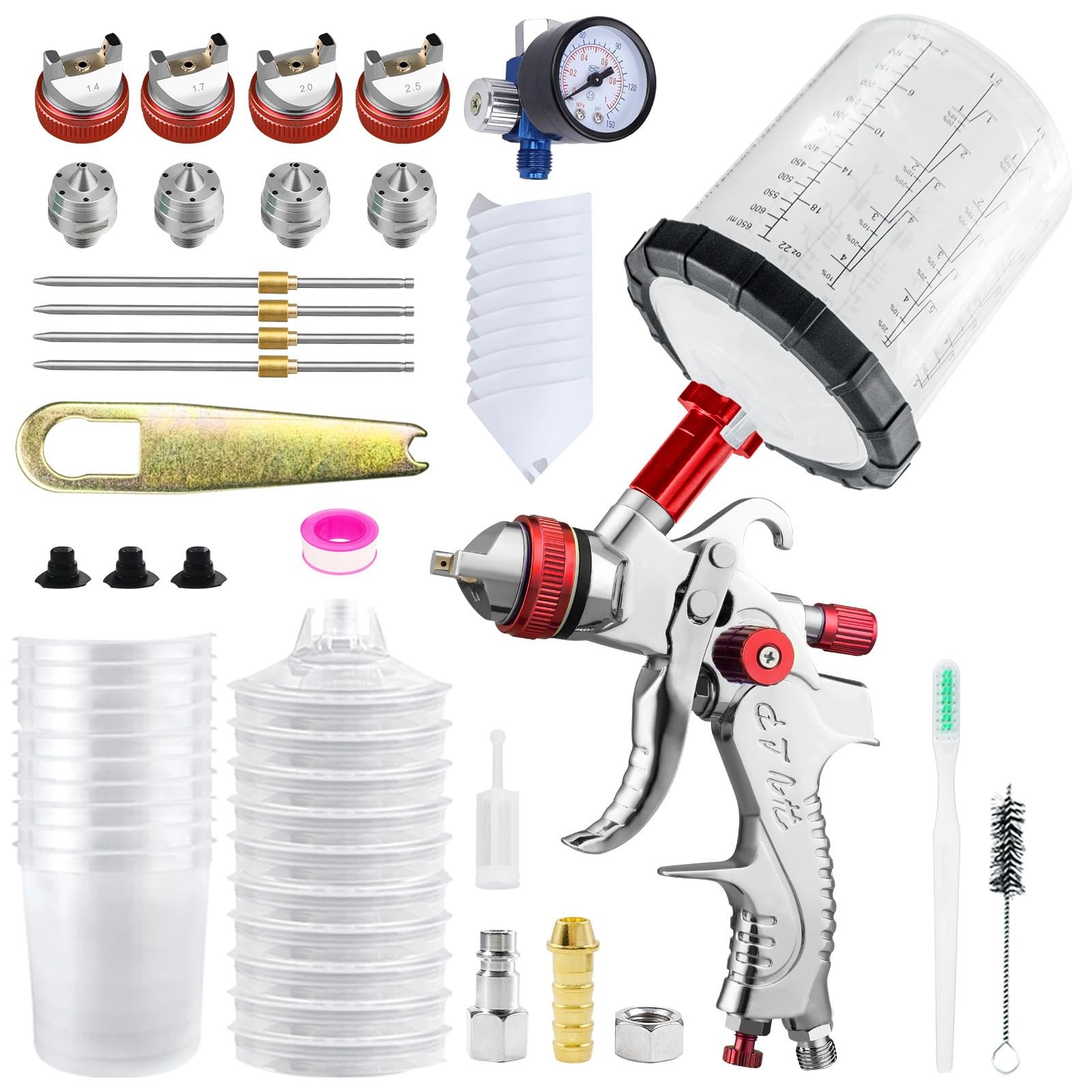 Bentohkle Hvlp Gravity Fed Air Spray Gun 1.4/1.7/2.0/2.5 Mm Nozzles And 650Cc