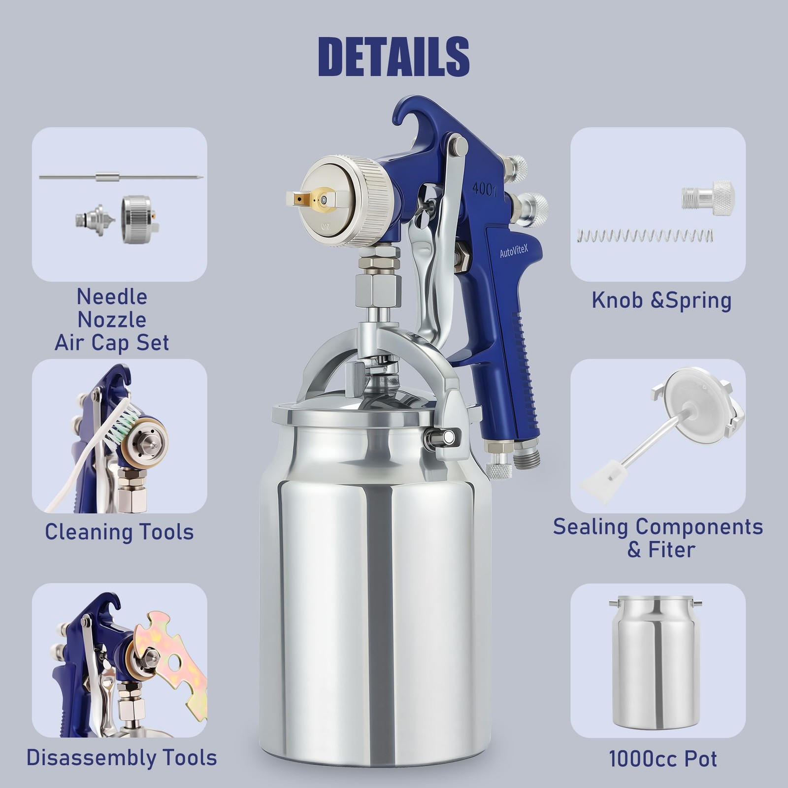 Autovitex 34 Ounce Siphon Feed Spray Gun 2.0 Mm Copper Nozzle Professional Hvlp