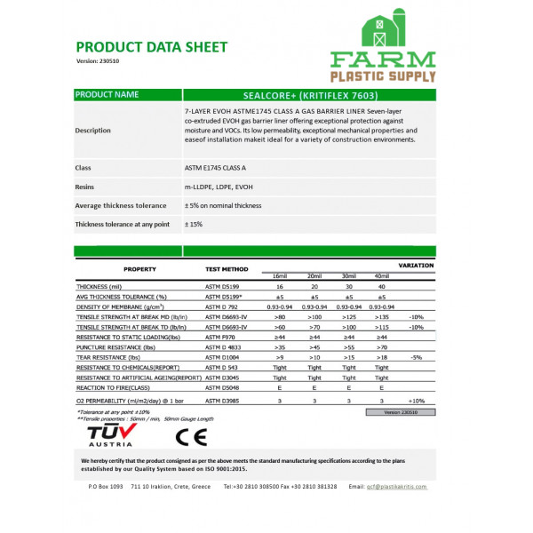 Farm Plastic Supply West Coast – SEALCORE+ EVOH Gas/Radon Vapor Barrier – 20 Mil