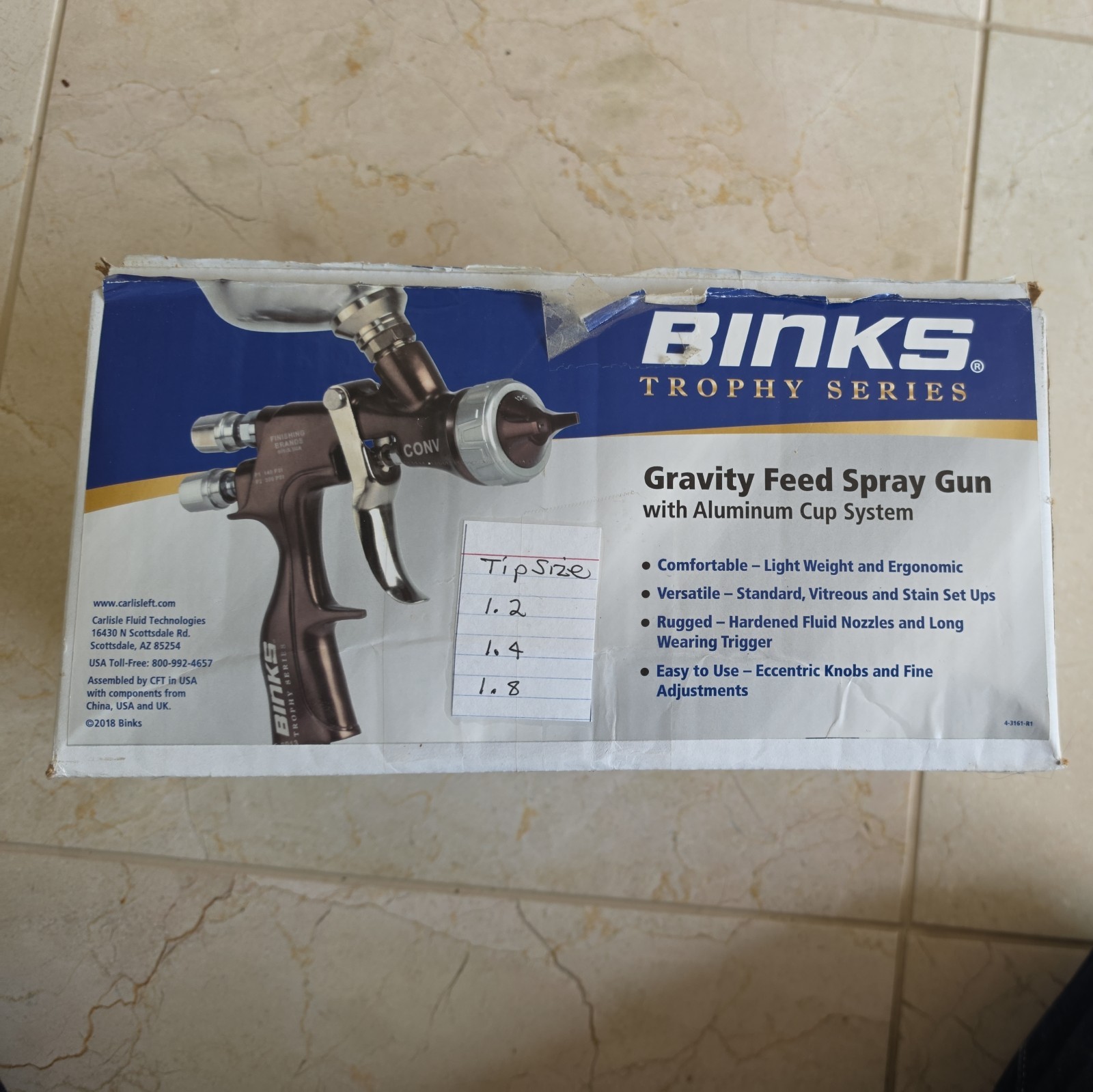 Binks Trophy Gravity Feed HVLP Spray Gun w/1.2, 1.4, 1.8mm Spray tip- 2466-HV1