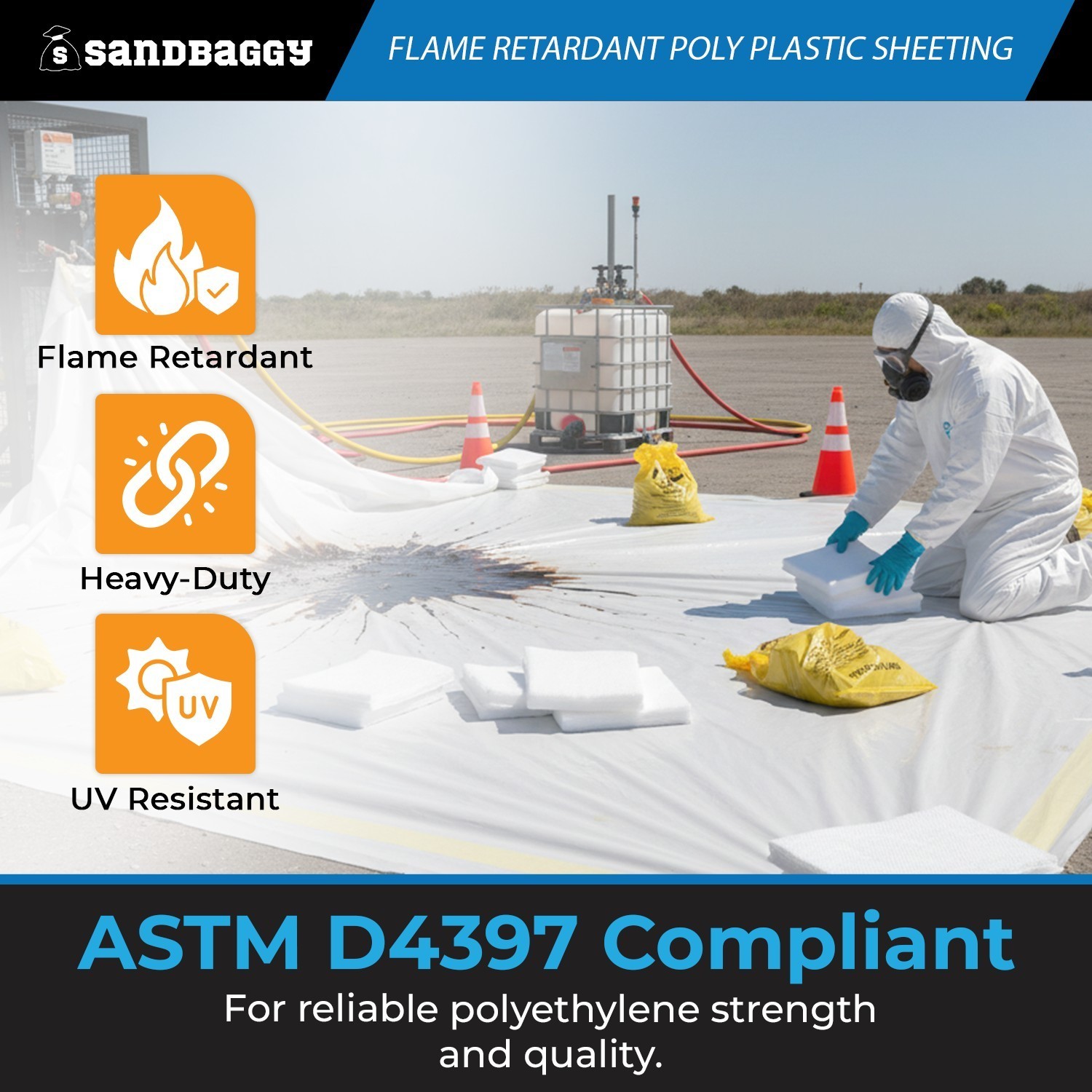 Flame Retardant Poly Plastic Sheeting 6 Mil – 20ft x 100ft, USA Made – Sandbaggy