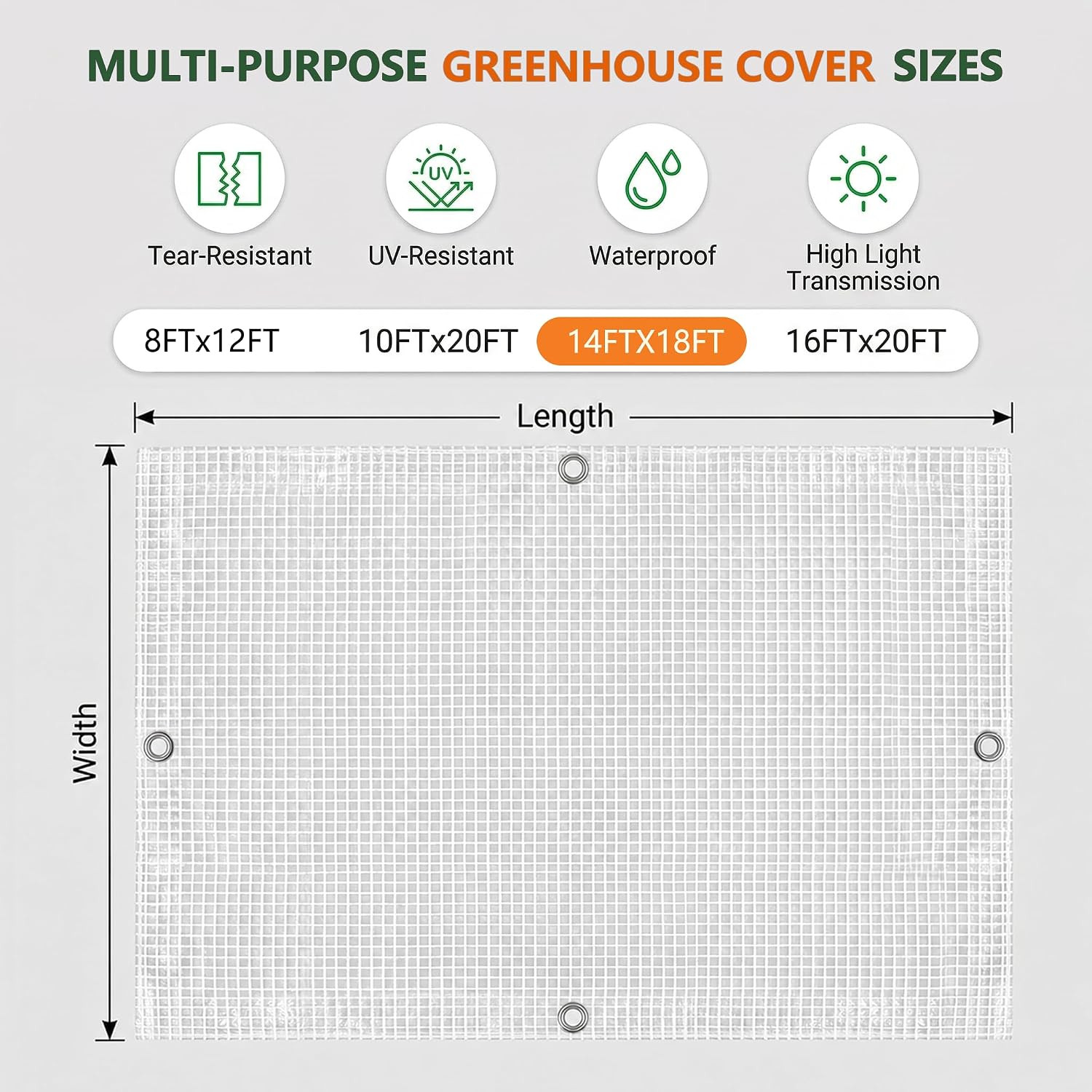 18 Mil Greenhouse Plastic Sheeting, 14Ftx18Ft Heavy Duty Waterproof Clear Green