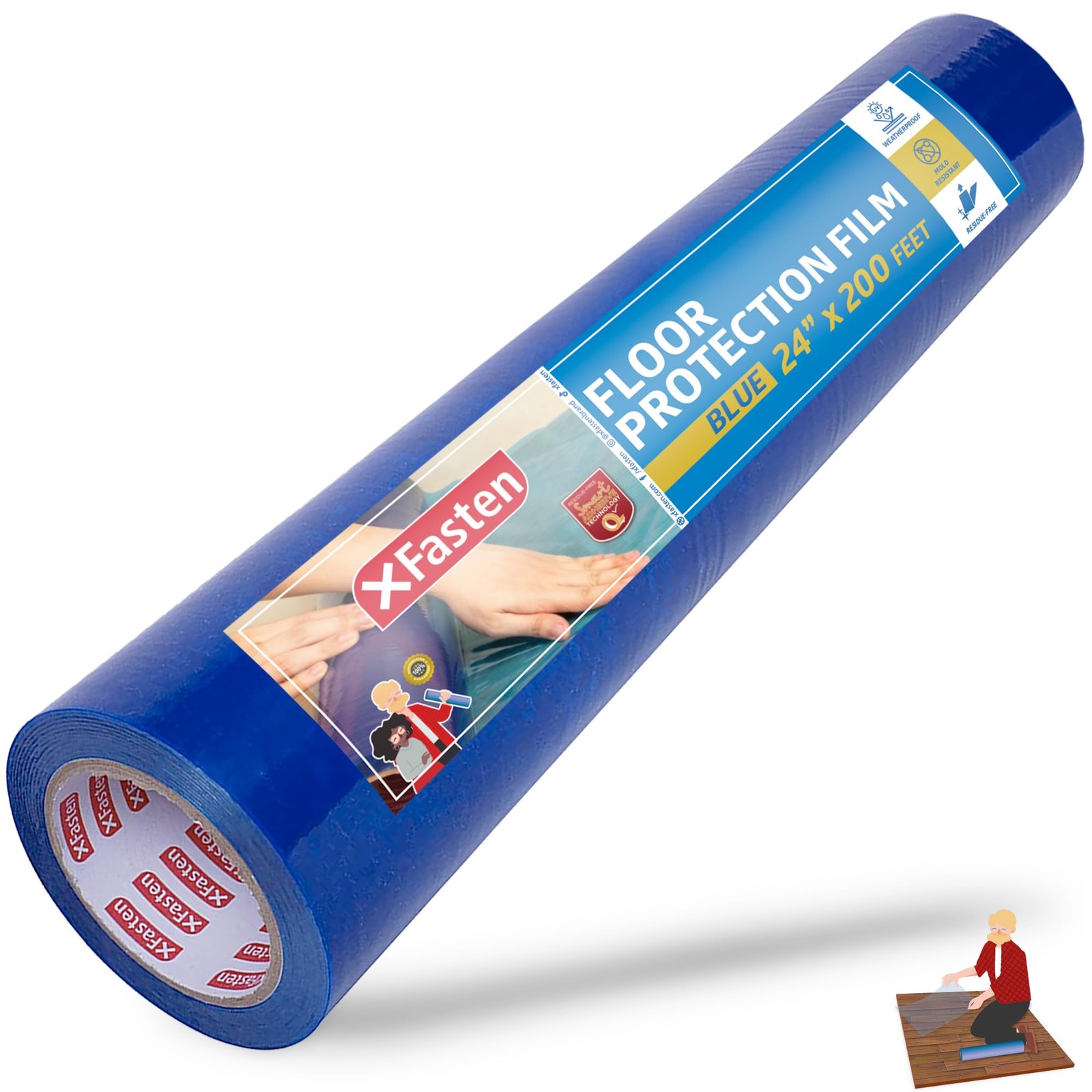 Xfasten Floor Protection Film 24-Inch X 200-Foot Roll 3 Mils Blue Self-Adhesive