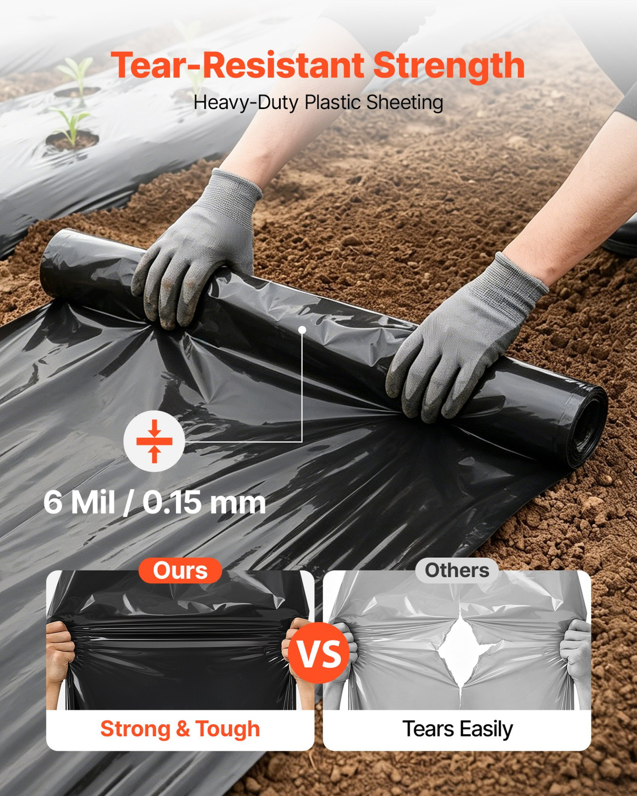 6 Mil Plastic Sheeting 10×25 ft Black Polyethylene Roll Vapor Barrier Tarp Cover