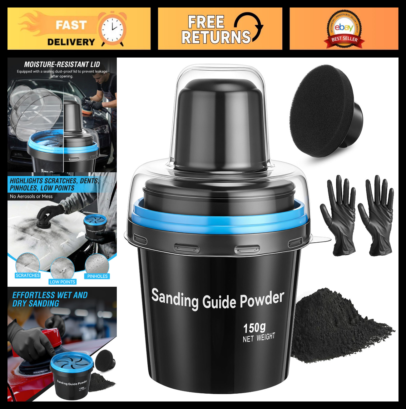 5.3 oz Black Dry Guide Coat Powder for Auto Body Sanding, Highlights Scratches &