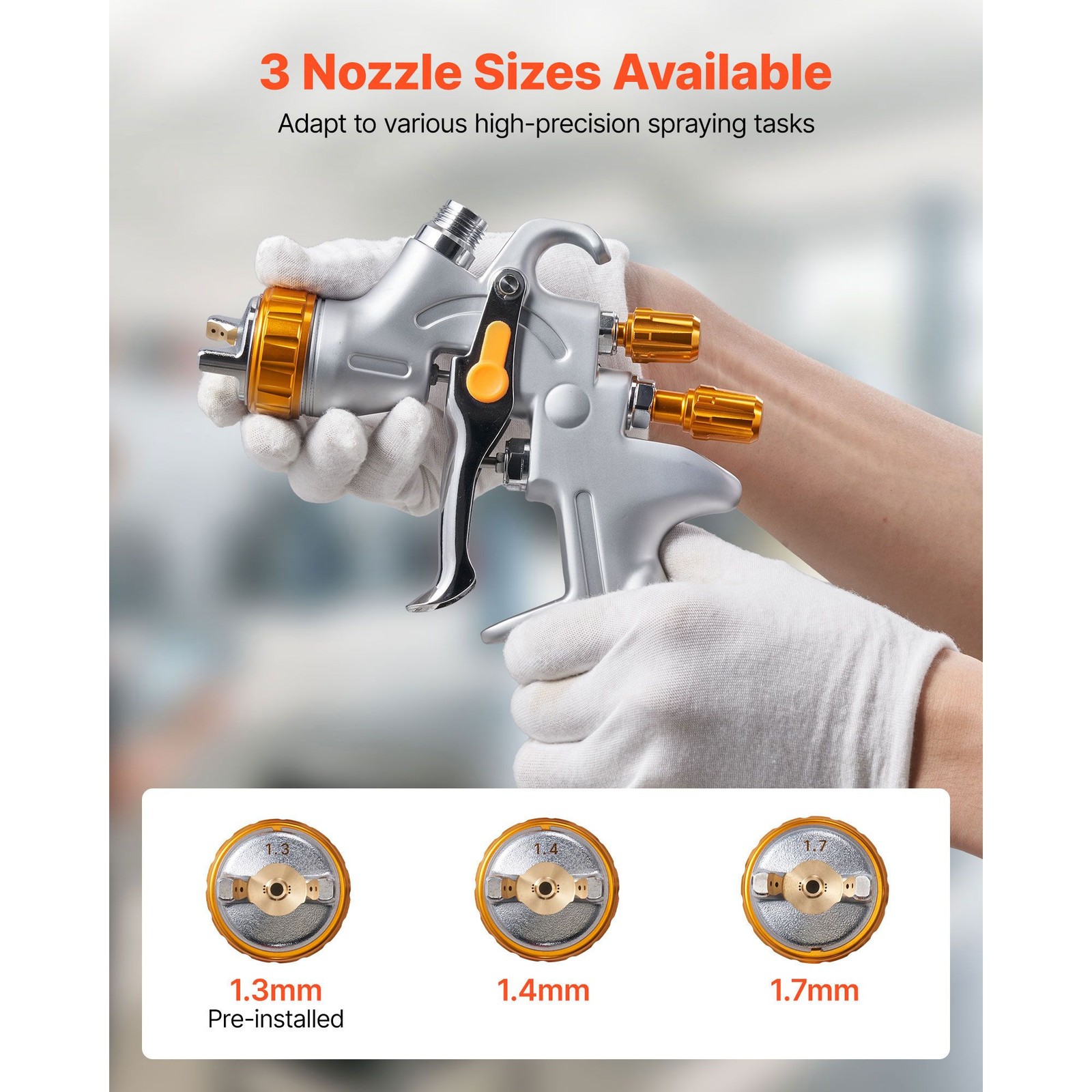 HVLP Gravity Feed Spray Gun, 600ml Cup, 1.3/1.4/1.7mm Nozzles