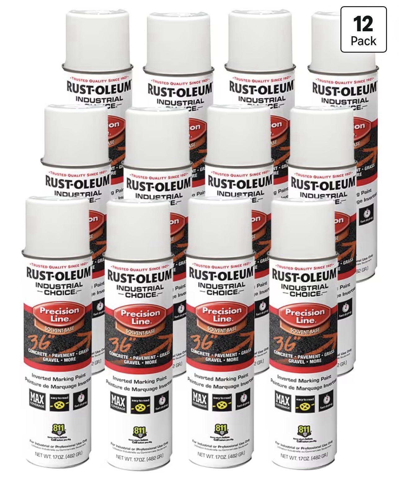 Rust Oleum 17 Ounce Inverted Marking Paint Grass Concrete Gravel – 12 Pack White