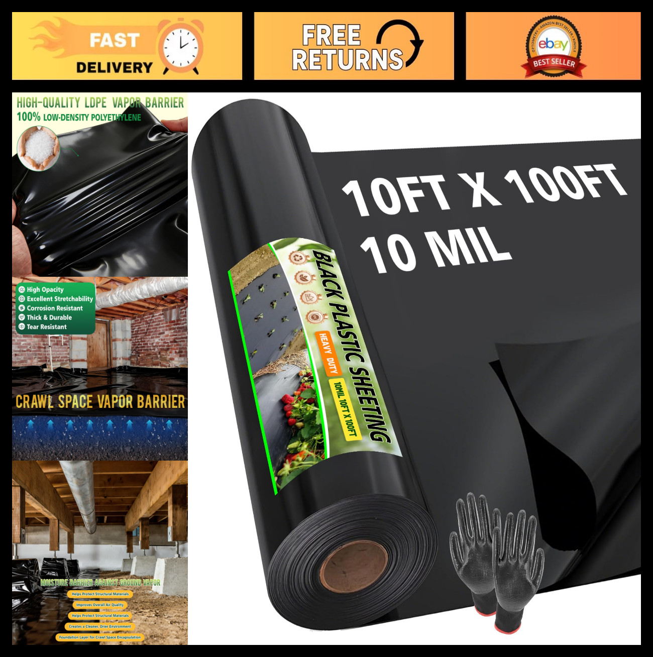 10ft x 100ft Heavy Duty Black Plastic Sheeting – 10 Mil Vapor Barrier for Crawl