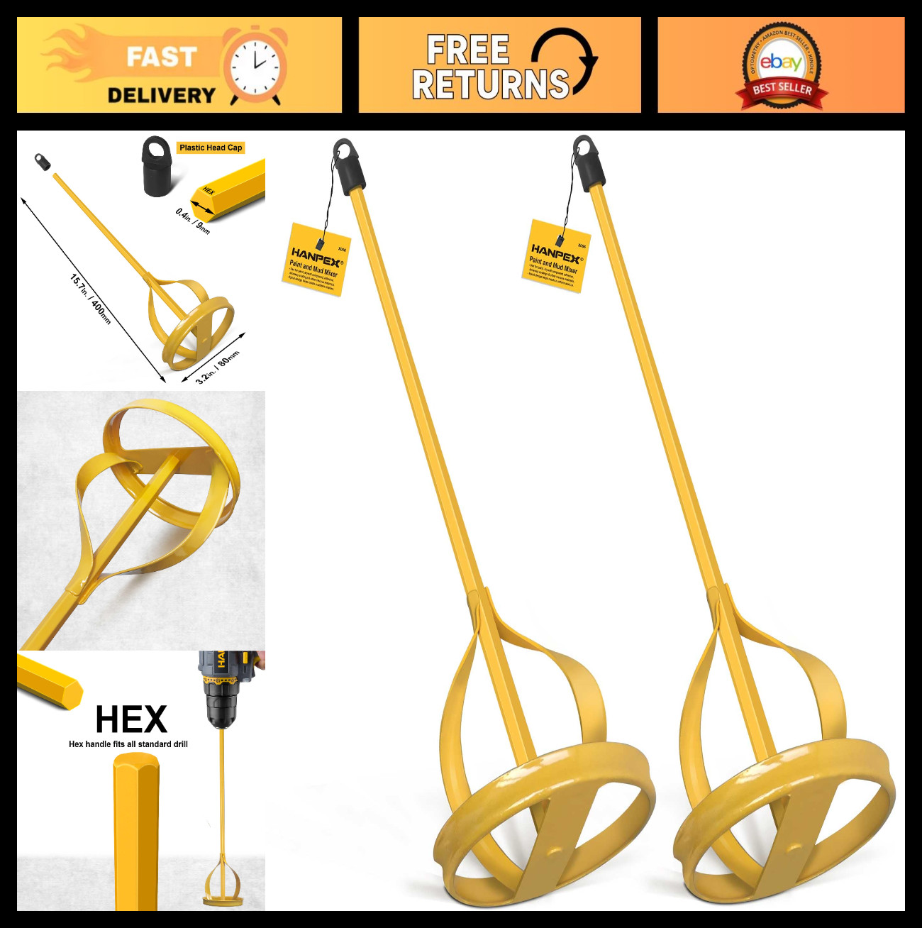 2Pc Paint & Mud Mixer Stirrer for 1-5 Gallon Buckets, Hex Head Drill Tool, Easy