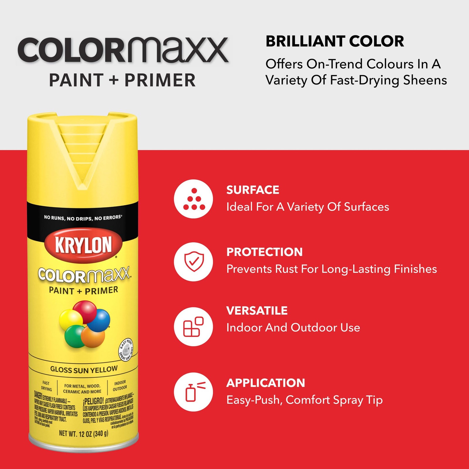 Krylon K05541007 COLORmaxx Spray Paint and 12 Ounce (Pack of 1), Sun Yellow