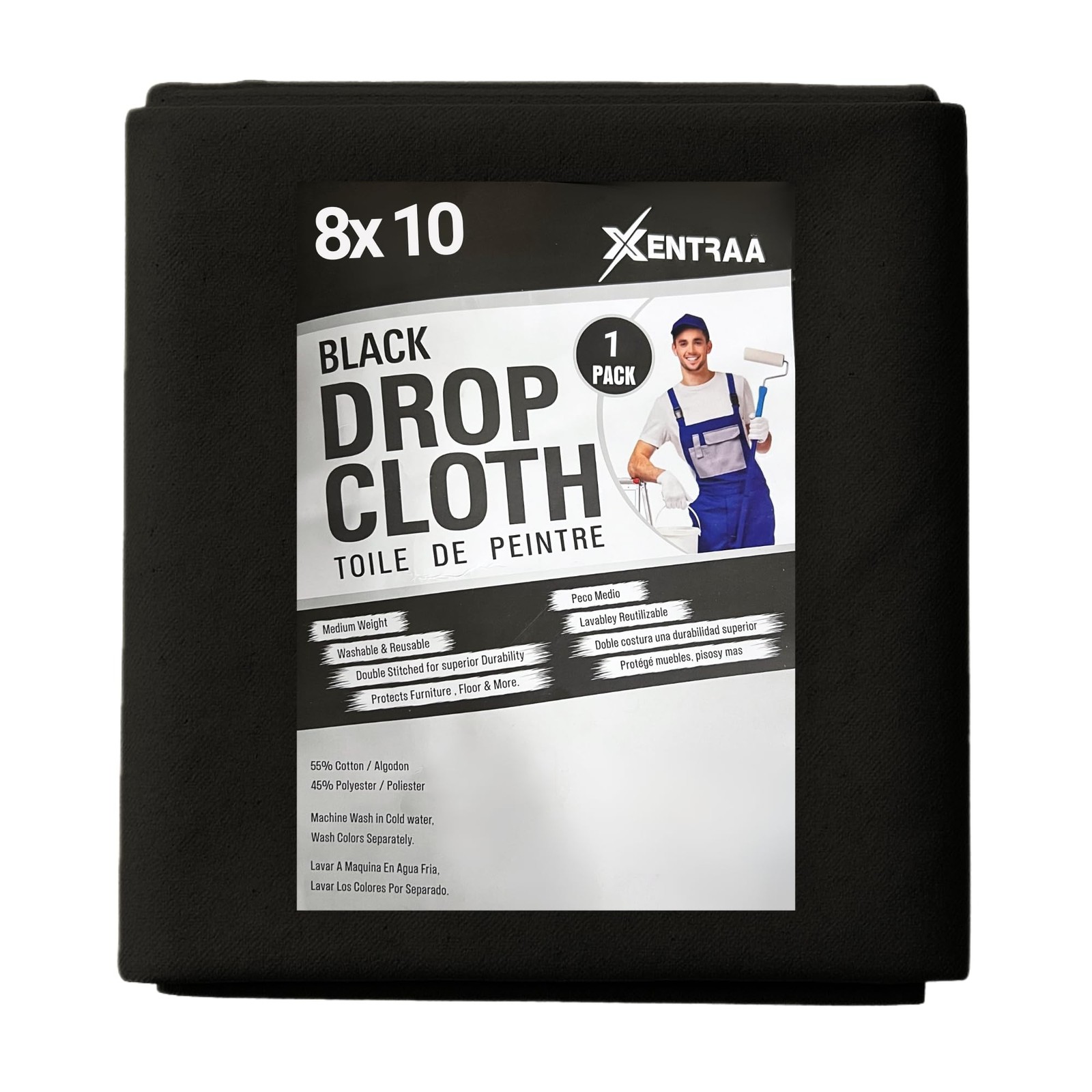 Xentraa Black Canvas Drop Cloth 8×10 FT – Premium Painter’s Tarp for Painting, S