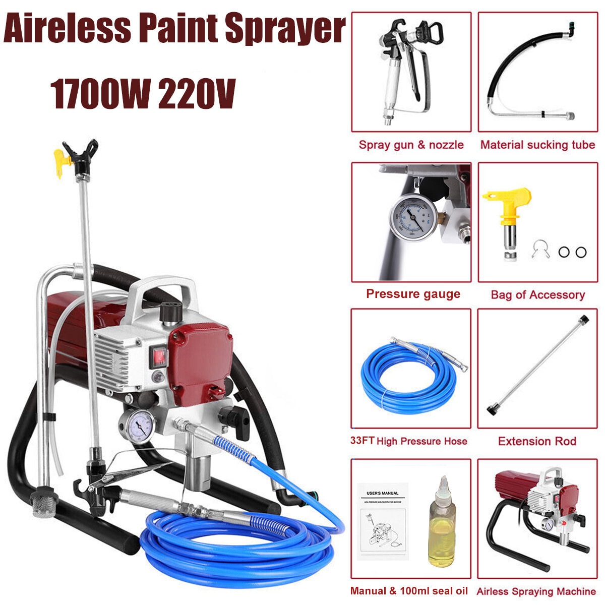1700W High Pressure Airless Paint Sprayer High Efficiency Power Painting 220V