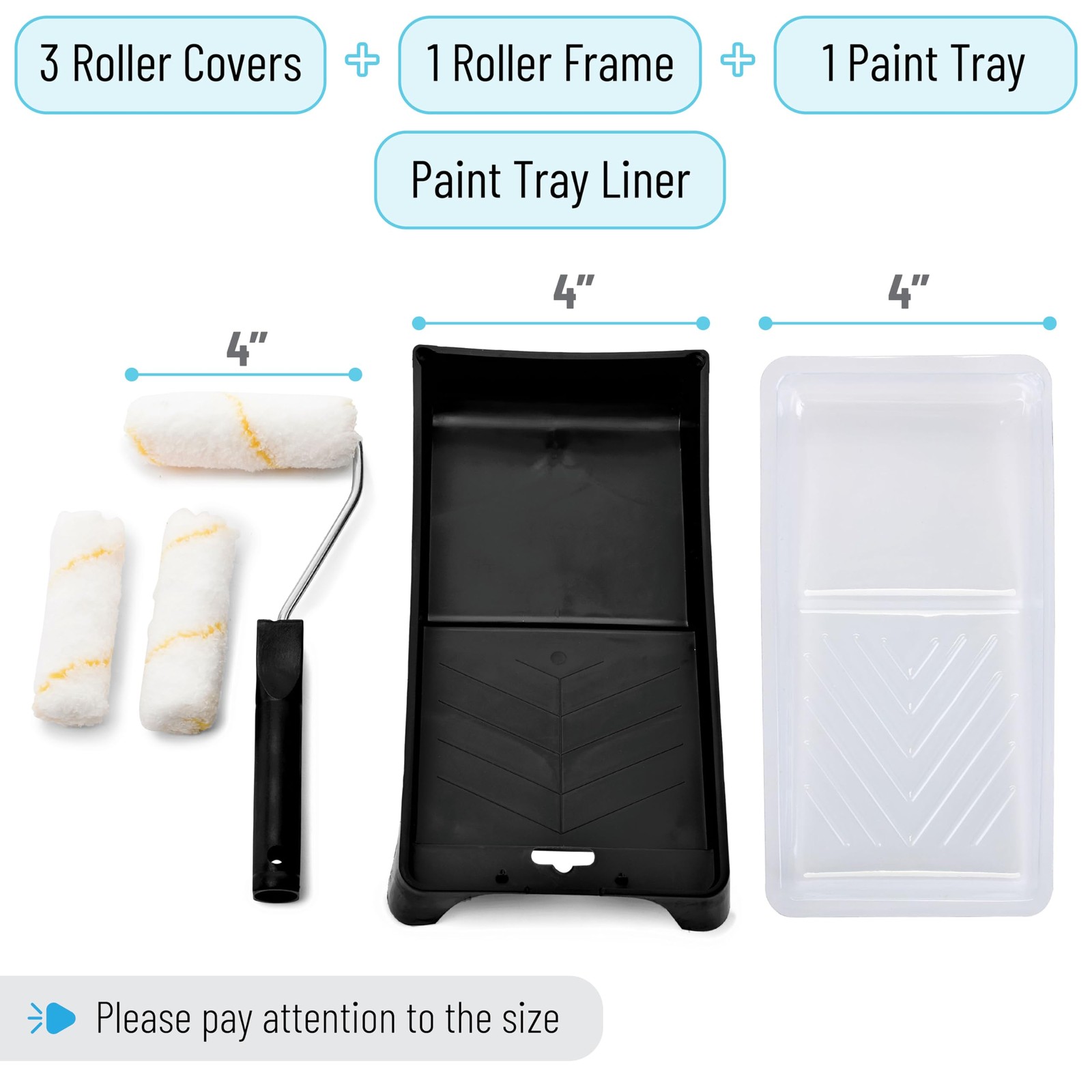 Bates- Paint Tray Set, Roller Kit, 6 pcs, 4 Inch 9 Inch, Black