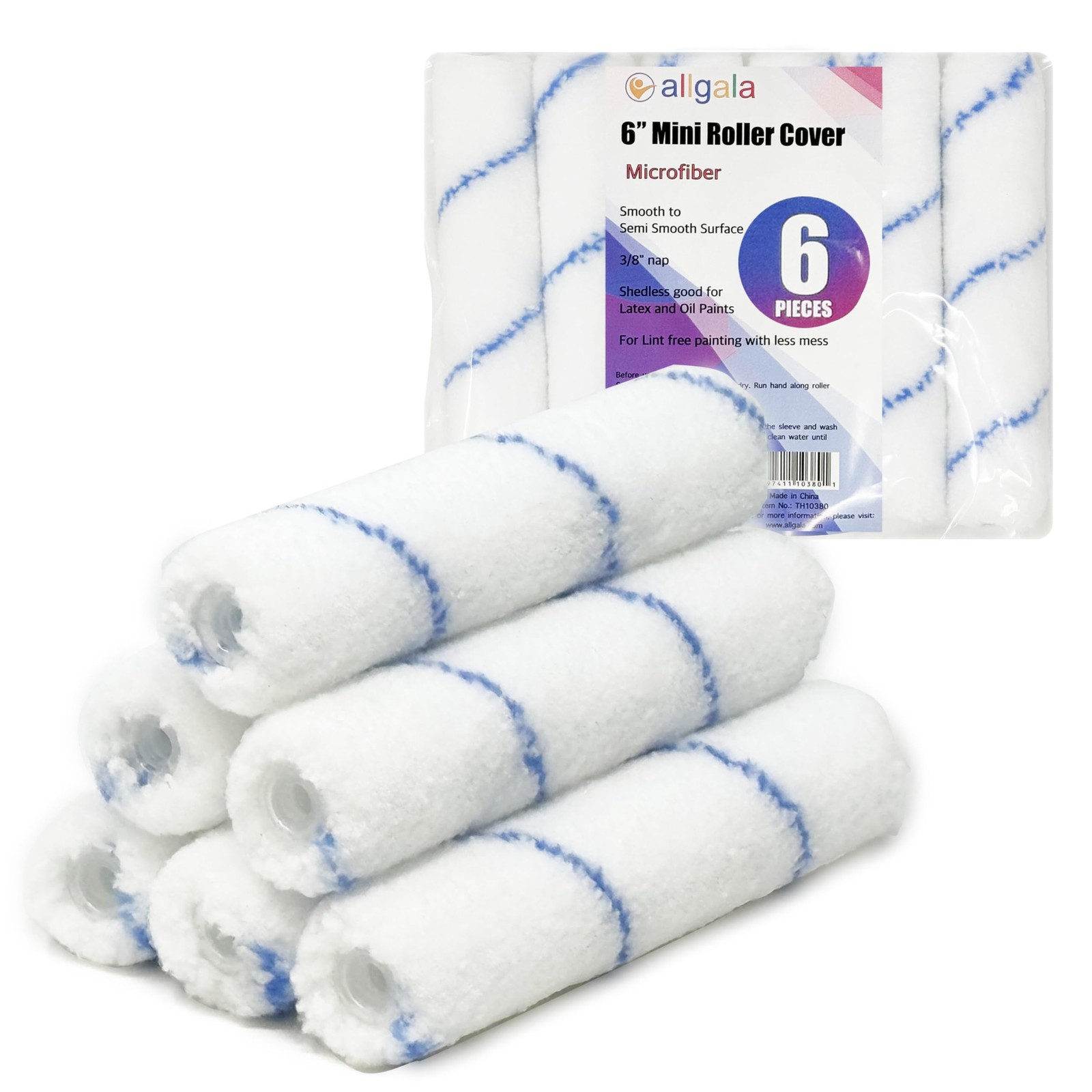 Allgala 6″ Mini 3/8″ Nap Shedless Microfiber Paint Micro (Pack of 6)