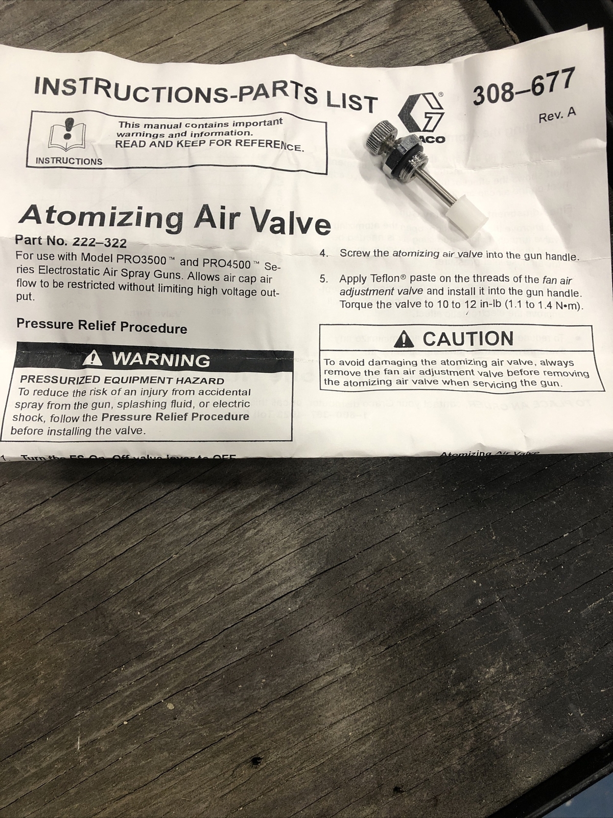 GRACO 222-322 Atomizing Air Valve For Use W/ Pro3500, Pro 4500 Series