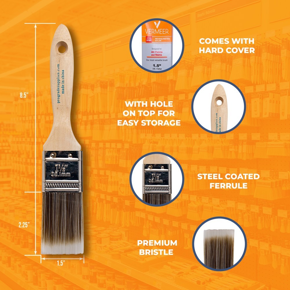 12 Pack – 1.5″ Flat Brushes for All Latex and Oil Paints & Stains