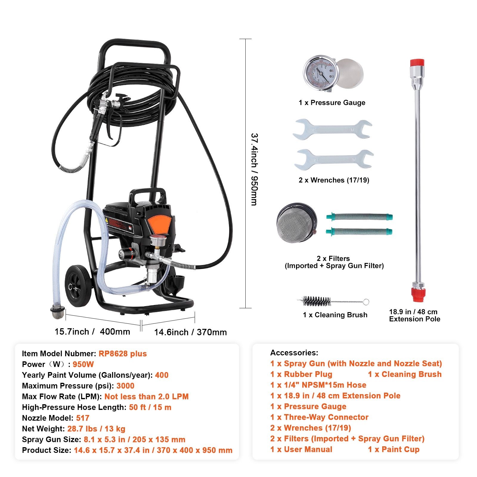 Stand Airless Paint Sprayer, 950W 3000PSI High Efficiency Electric Airless