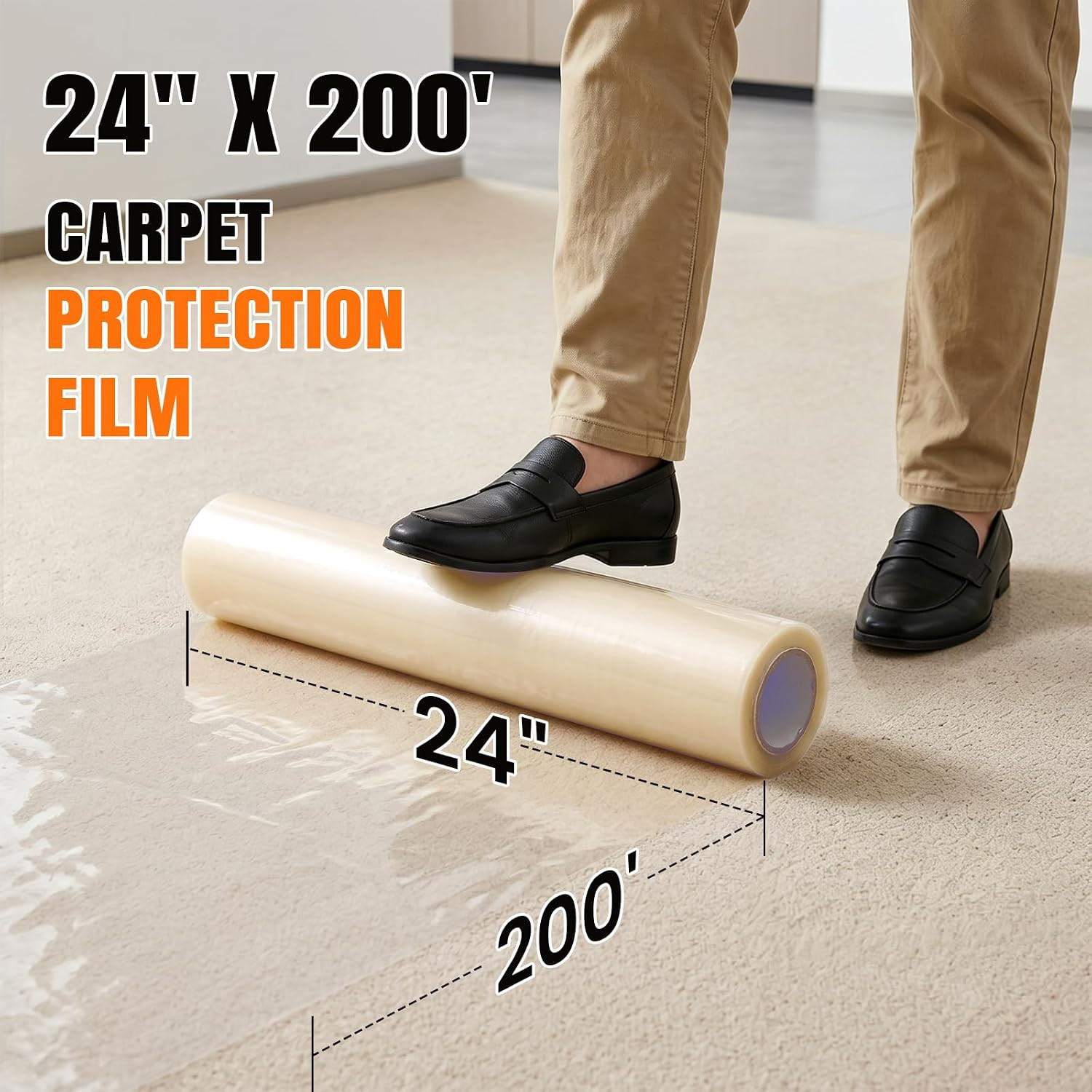 3Mil Carpet Protection Film 24″ X 200′ ，Self-Adhesive Plastic Carpet Protection