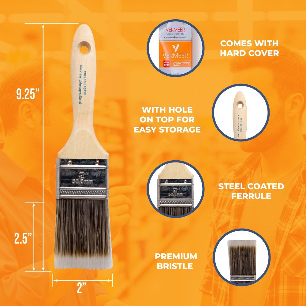 12 Pack – 2″ Flat Brushes for All Latex and Oil Paints & Stains