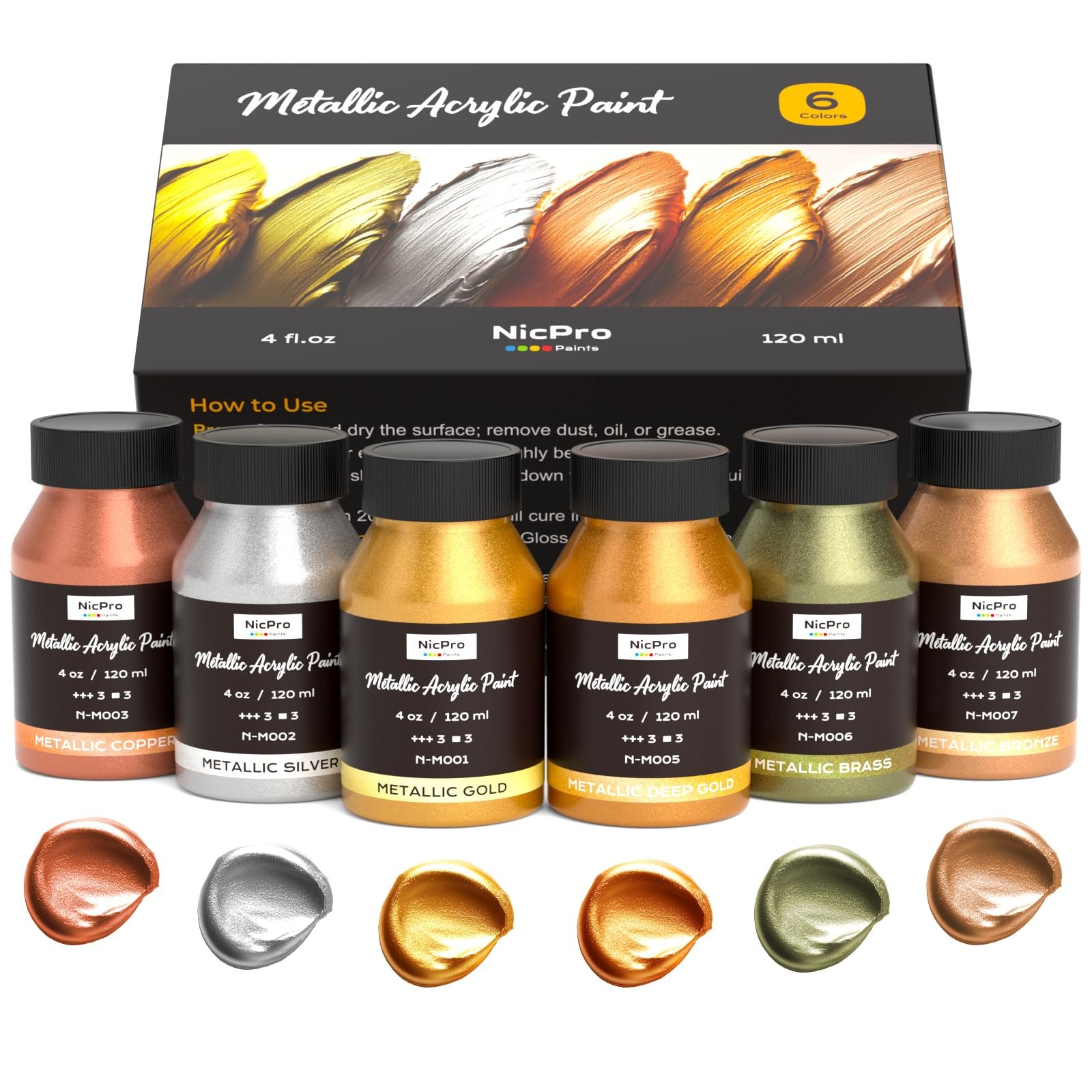 Nicpro 4 Fl Oz (Pack of 6), Gold, Silver, Copper, Brass, Bronze, Deep Gold