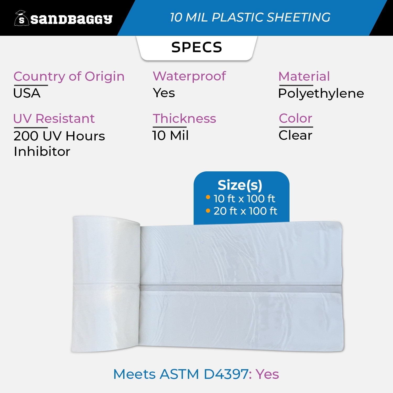BULK 10 Mil Clear Plastic Sheeting Roll – Poly Visqueen | USA Made – Sandbaggy
