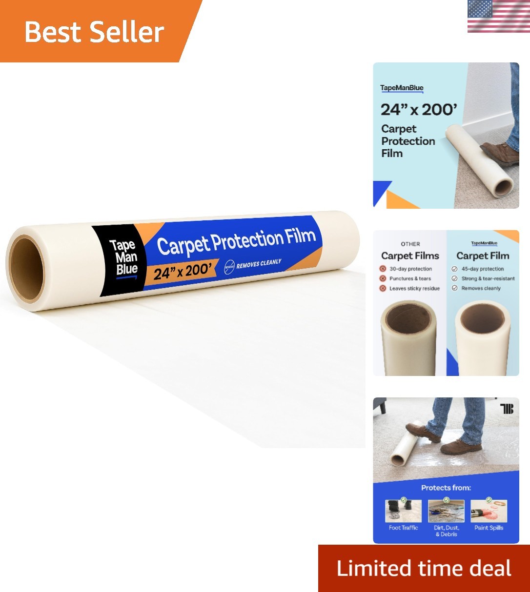 Carpet Protection Film 24″ x 200′ roll, Self Adhesive Plastic Carpet Protecto…