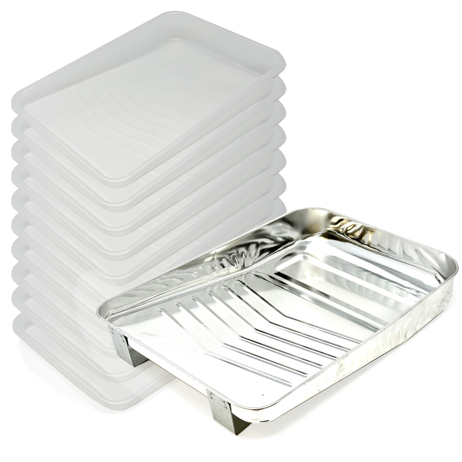 Allgala Premium 9 Inch Metal Paint Roller Tray 9IN (Pack of 1+10), Silver