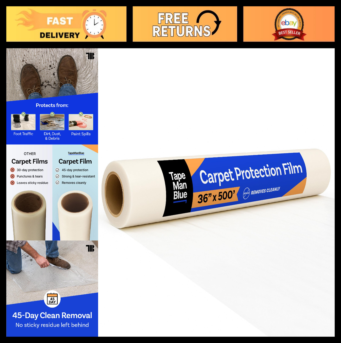 Carpet Protection Film 36″x500′ – Self-Adhesive, Easy Unwind, Clean Removal, Dur
