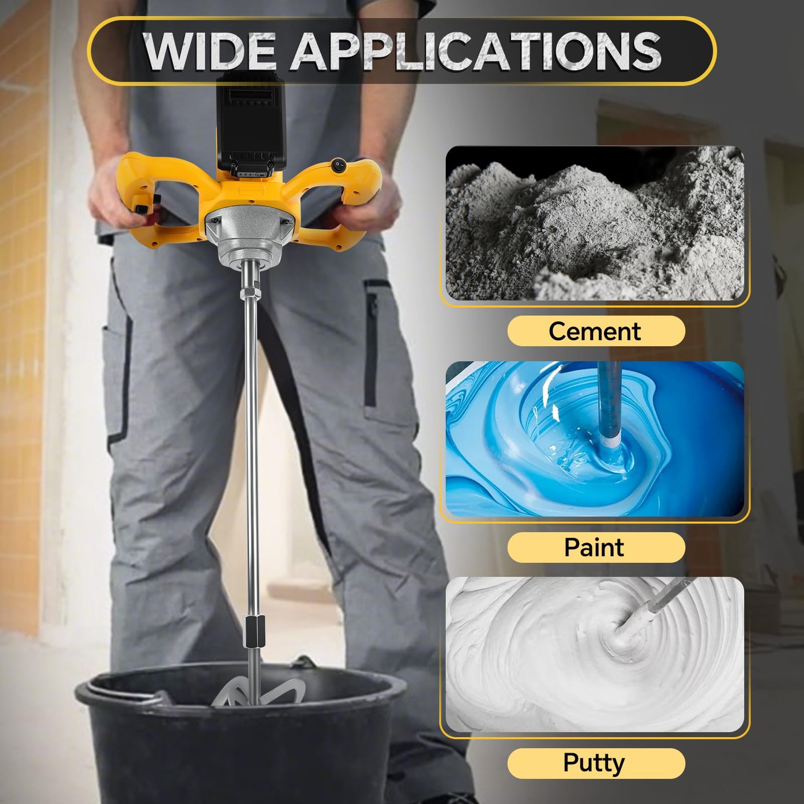 Cordless Cement Mixer, for Dewalt 20V Battery, 1200W Handheld Electric Concre…