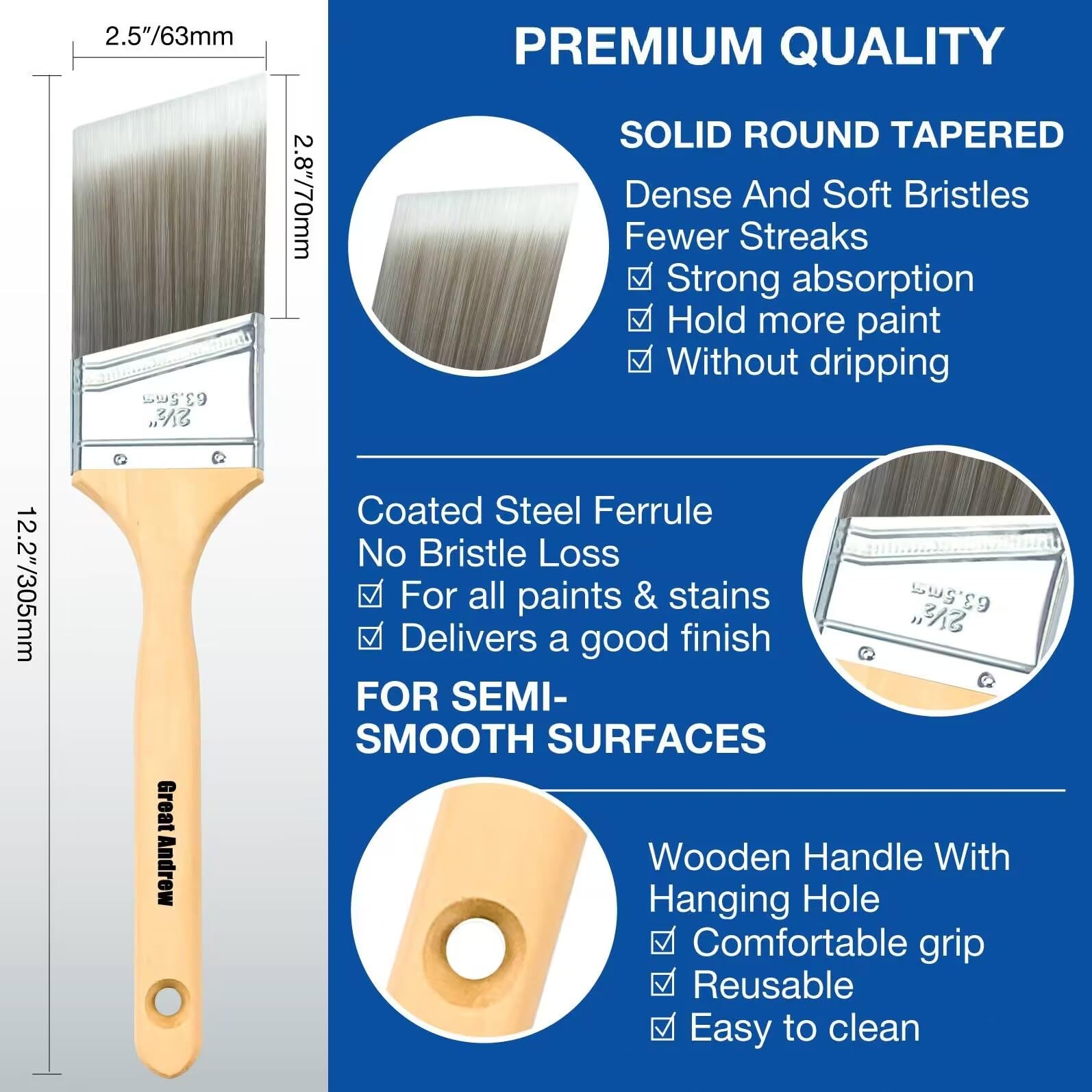 Great Andrew 10 Pack Paint Brushes Bulk (1″ 10 pcs-1″1.5″2″2.5″3″, Grey White