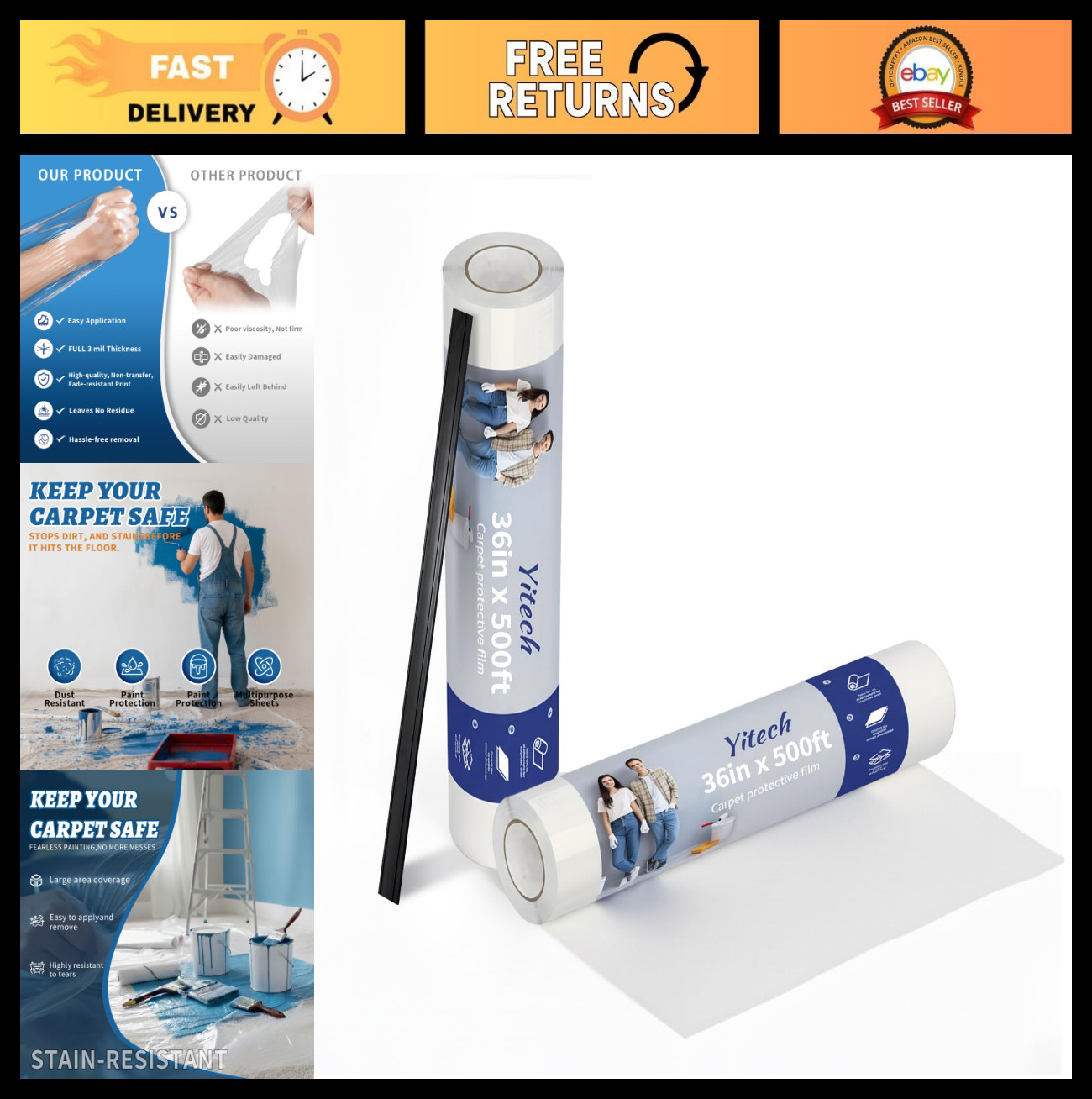 Clear Carpet Protection Film 36″ x 500′ – Self-Adhesive, Waterproof, Puncture-Re