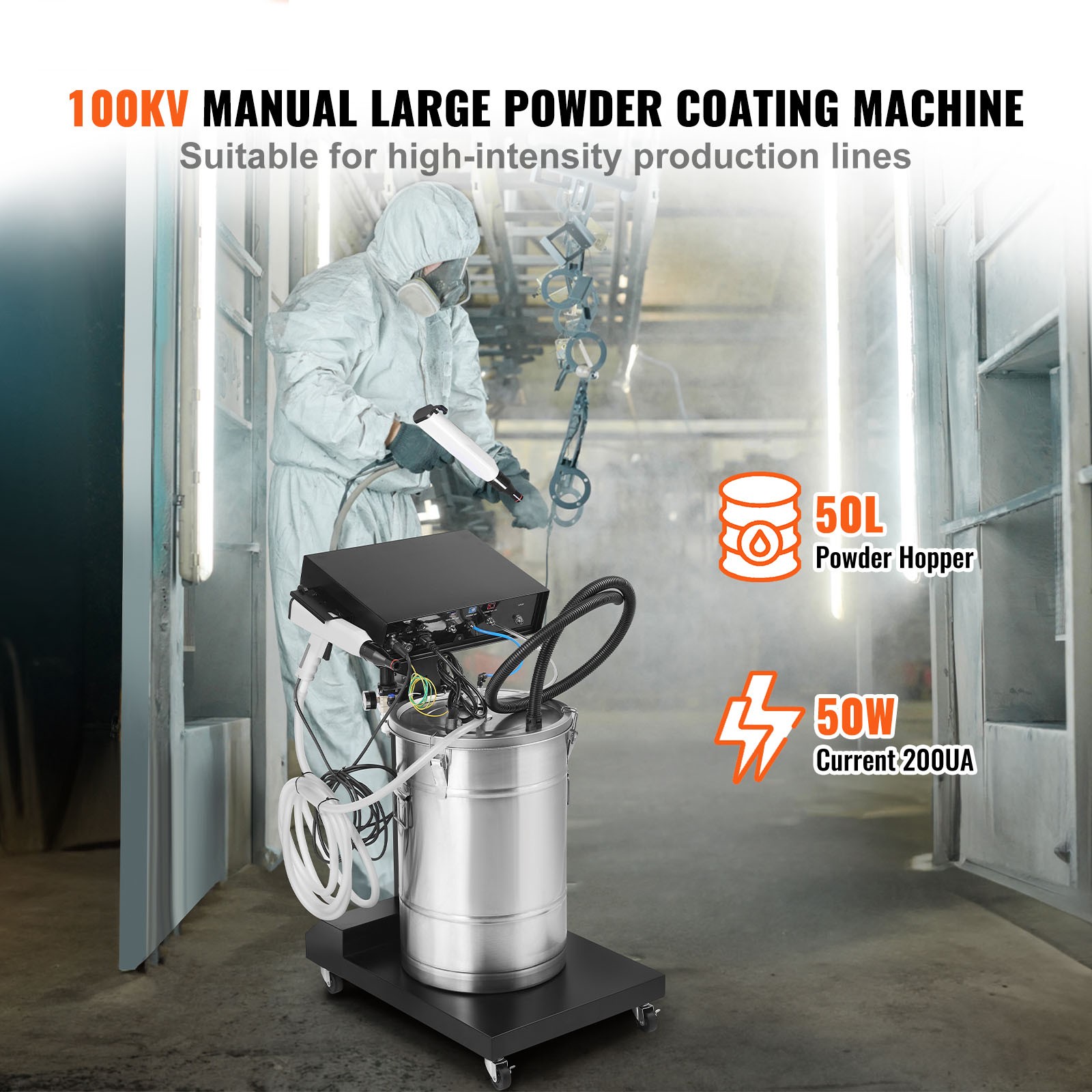 VEVOR Powder Coating System 50 W 100KV Electrostatic Output 50L Powder Hopper