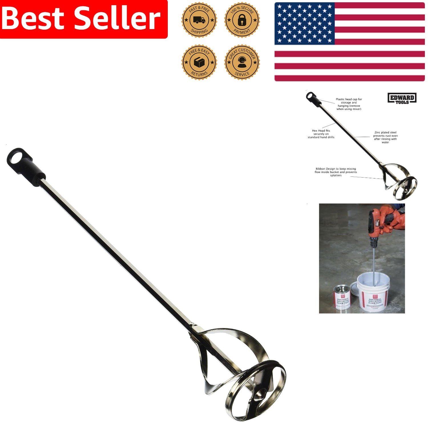Easy Clean Paint Mixer Drill Attachment – 3 Gallon Zinc Steel Non-Slip Hex Head