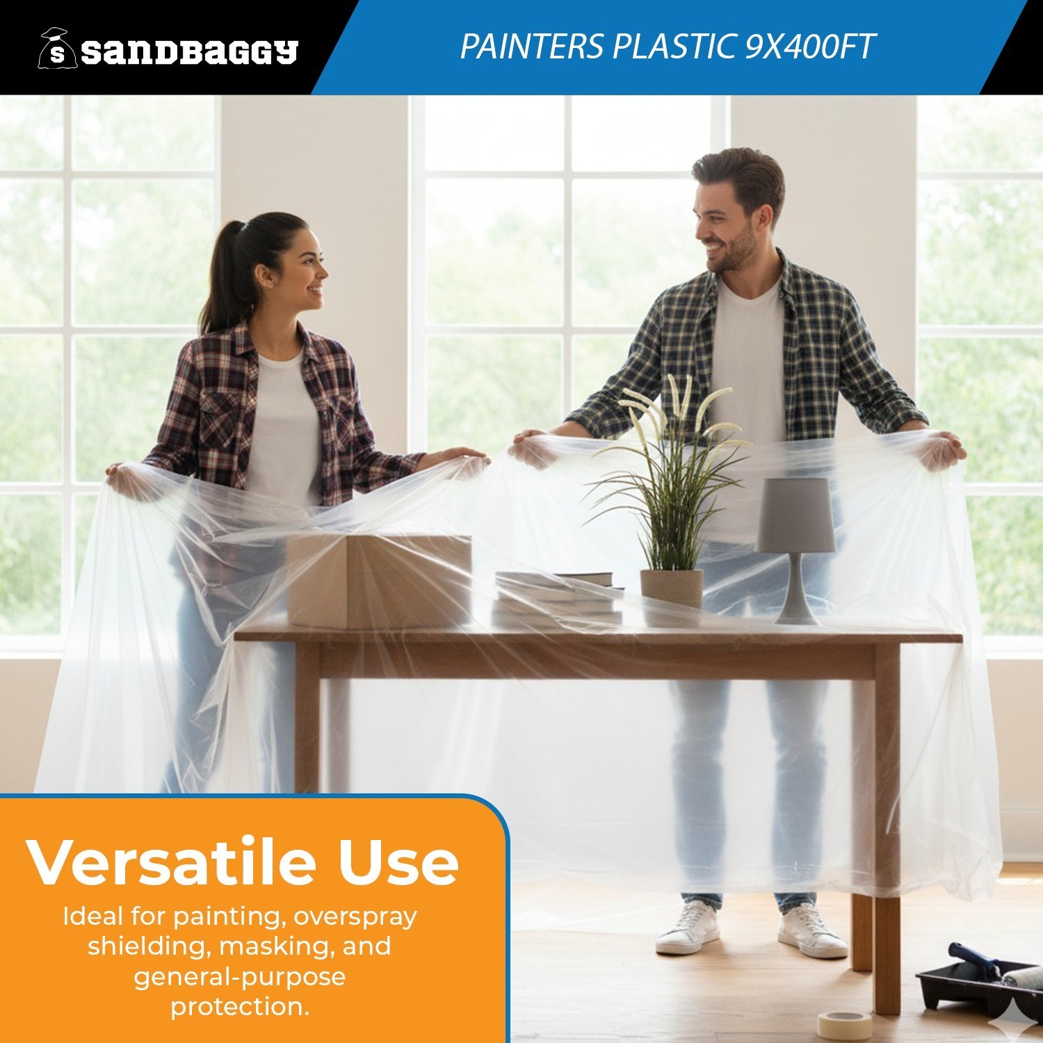 Painters Plastic Sheeting – 9′ x 400′ Clear HDPE (0.31 Mil),USA Made – Sandbaggy