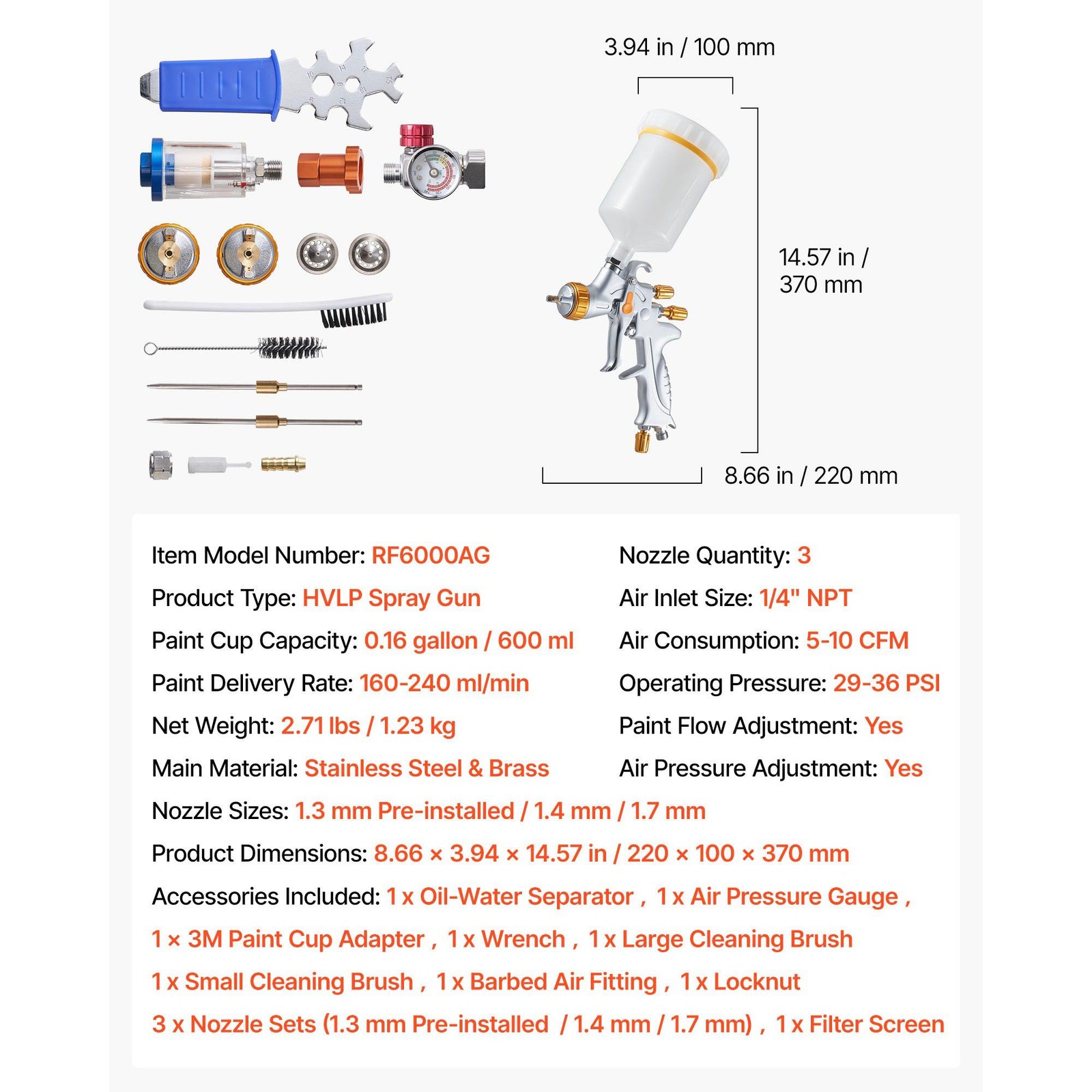HVLP Gravity Feed Spray Gun, 600ml Cup, 1.3/1.4/1.7mm Nozzles