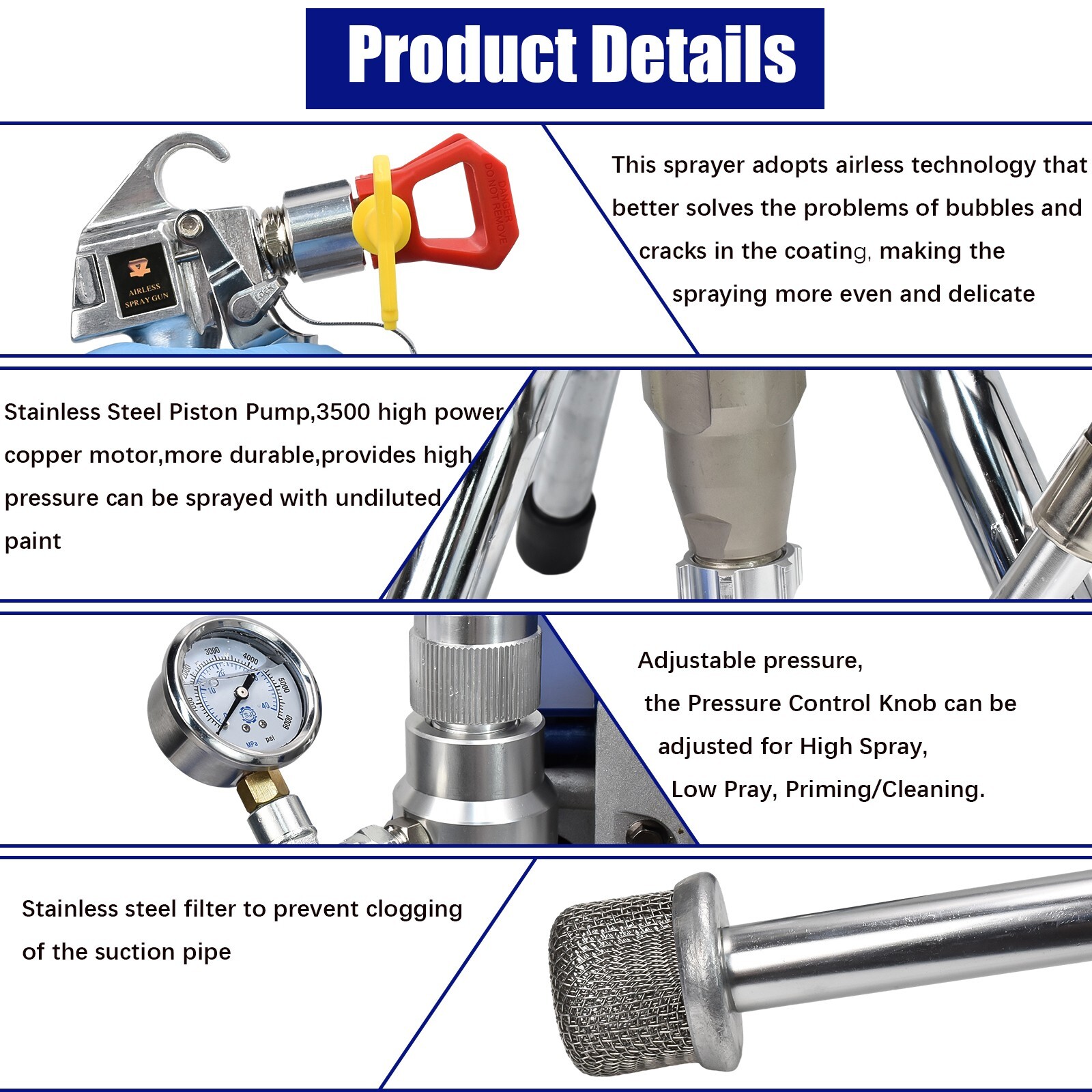 5HP Electric Airless Paint Sprayer High Efficient 3300PSI W/Extension Rod 110V