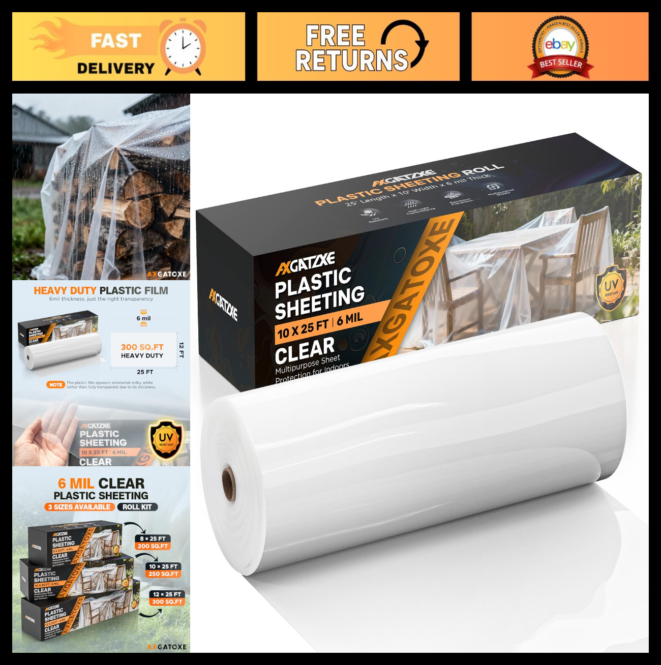 Heavy Duty 10×25 FT Plastic Sheeting – UV Resistant, Tear-Proof for Greenhouse,