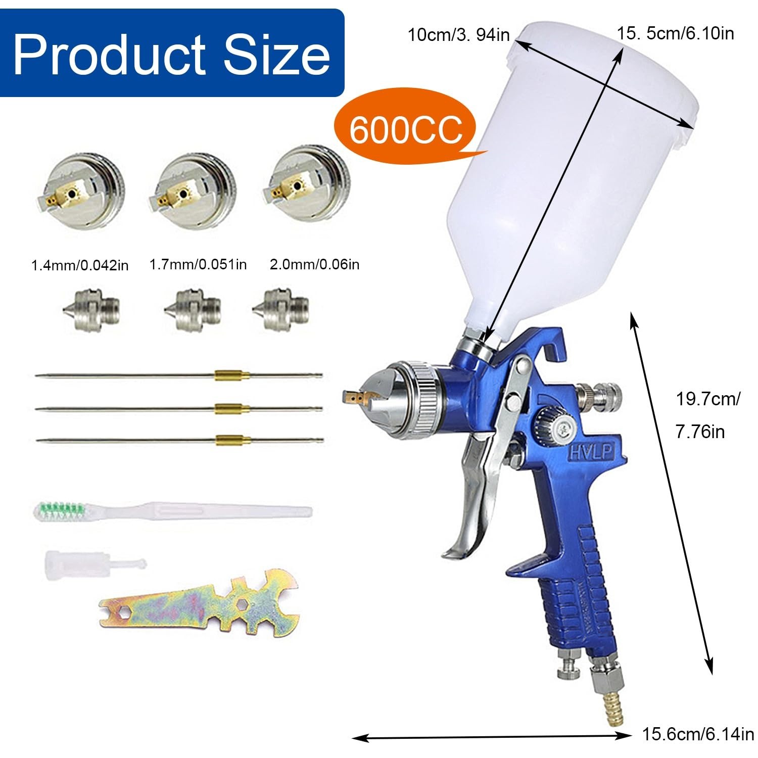 HVLP Spray Gun Kit 1.4 1.7 2.0mm Nozzle 600cc Aluminum Air Paint Sprayer