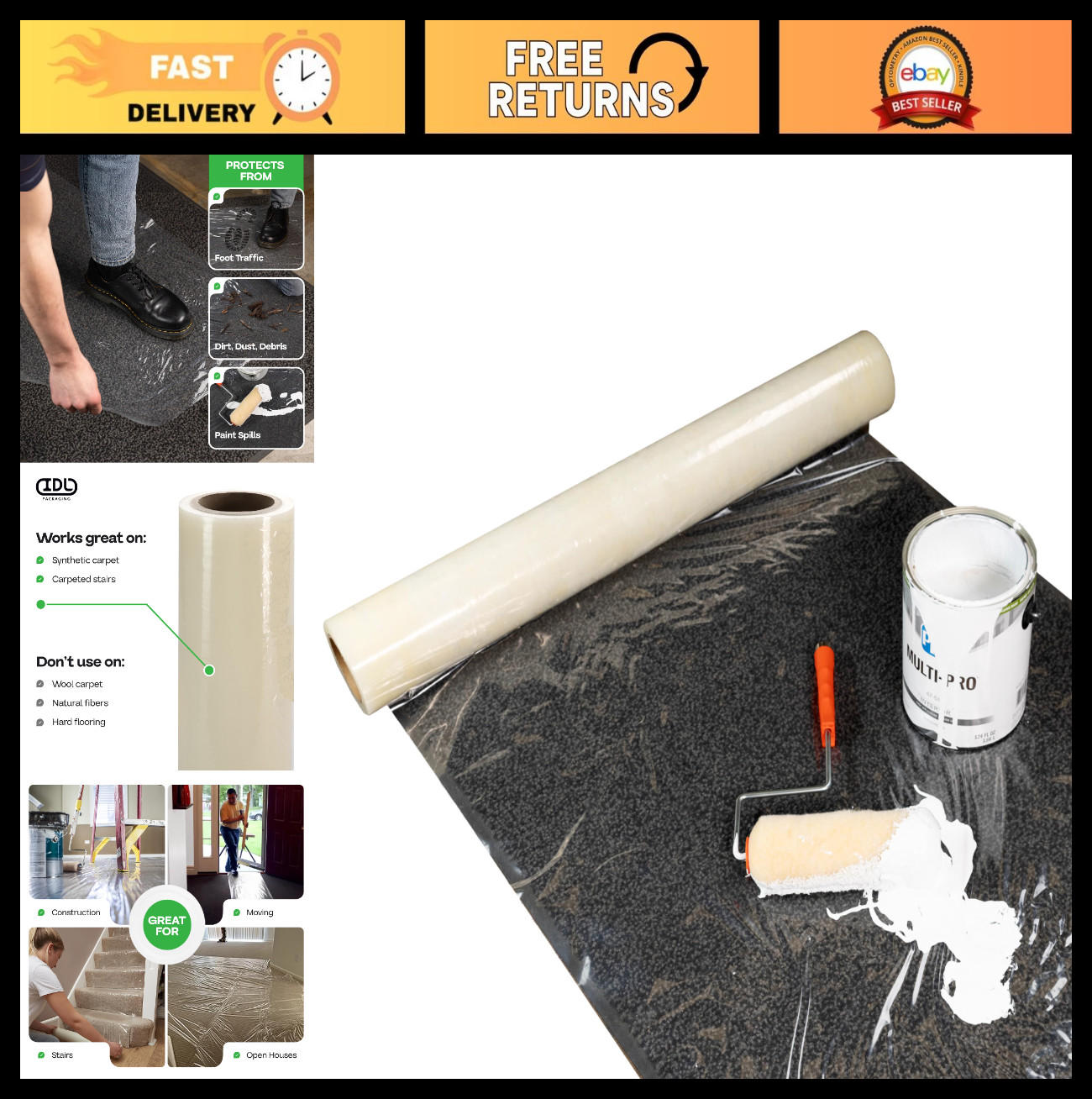Self-Adhesive Carpet Protection Film 36″ x 200′ – Heavy-Duty Clear Cover, Clean