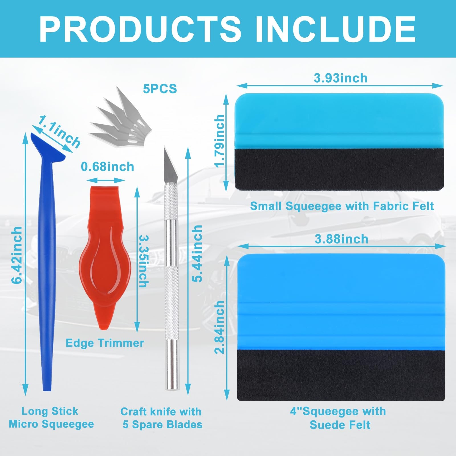 10PCS Window Tint Tools Kit, Premium Vinyl Wrap Easy to Apply Glass Blue