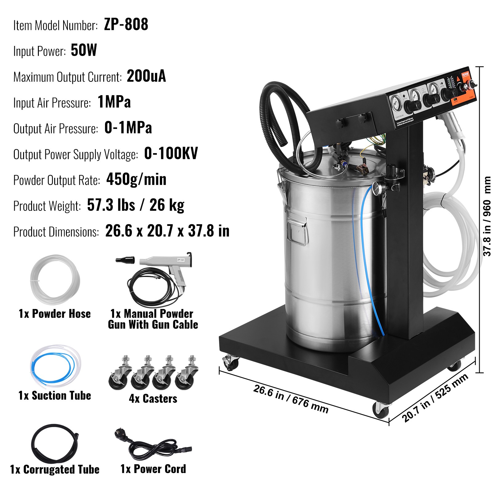 VEVOR Powder Coating System 50 W 100KV Electrostatic Output 50L Powder Hopper