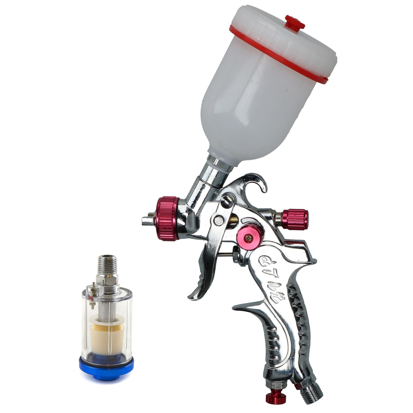 Mini HVLP Gravity Feed Spray Gun 0.8mm Nozzle 1/4″ BSP In Line Moisture Trap