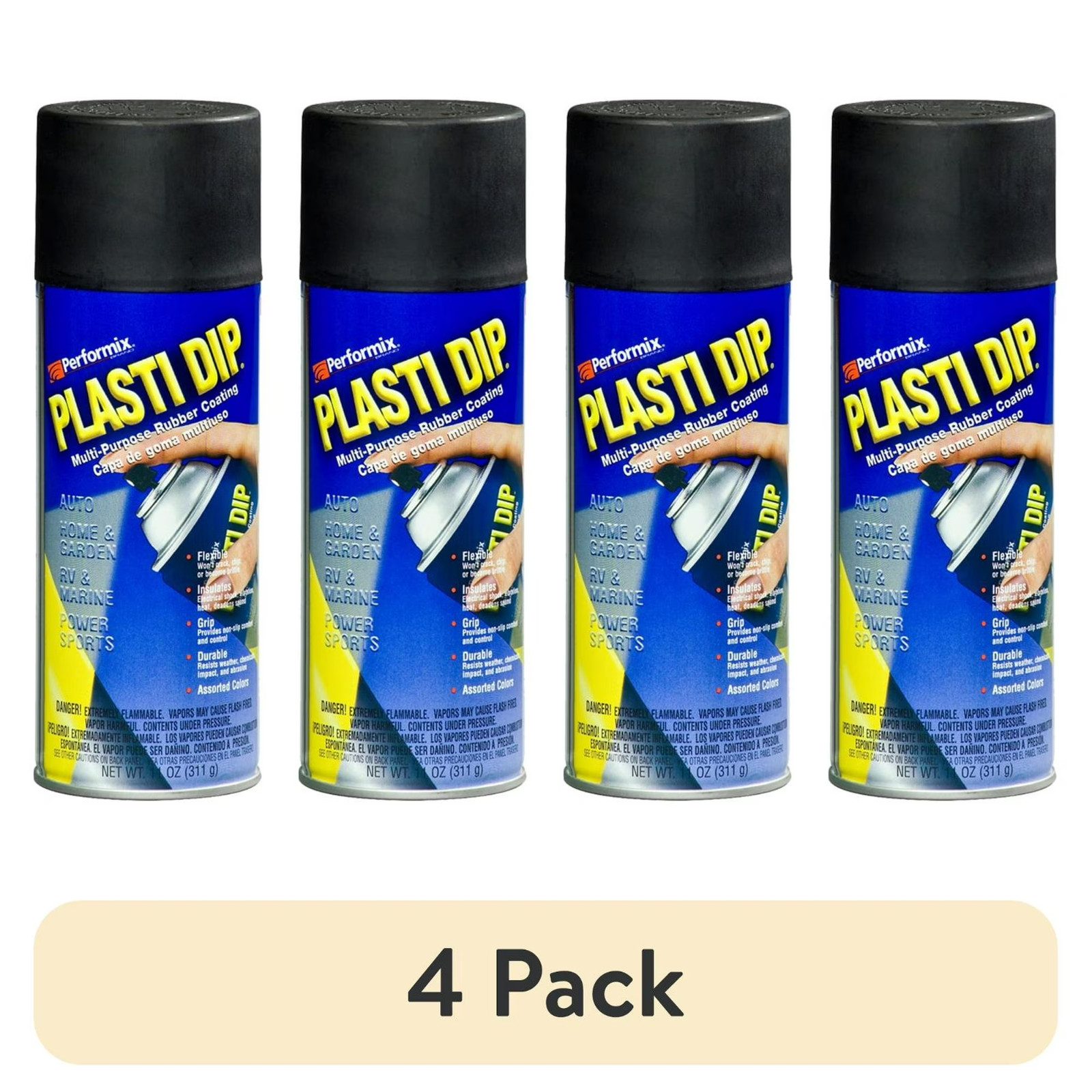 4 Pack Plasti Dip Rubberized Matte Black Spray 11 oz Peelable Protective Coating