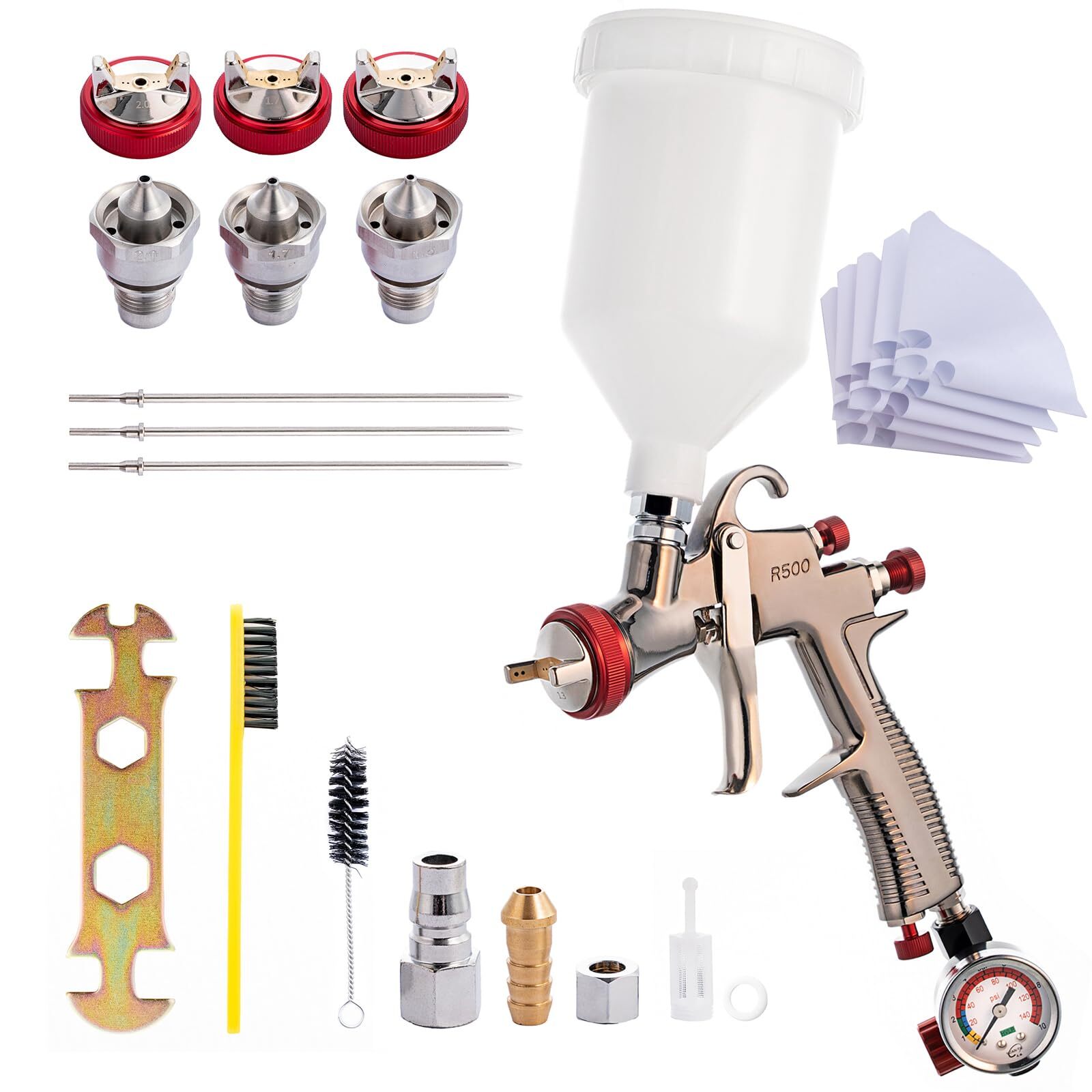 LVLP Spray Gun R500 with 1.3/1.5/1.7/2.0mm Nozzles Air Flow Control Valve and…