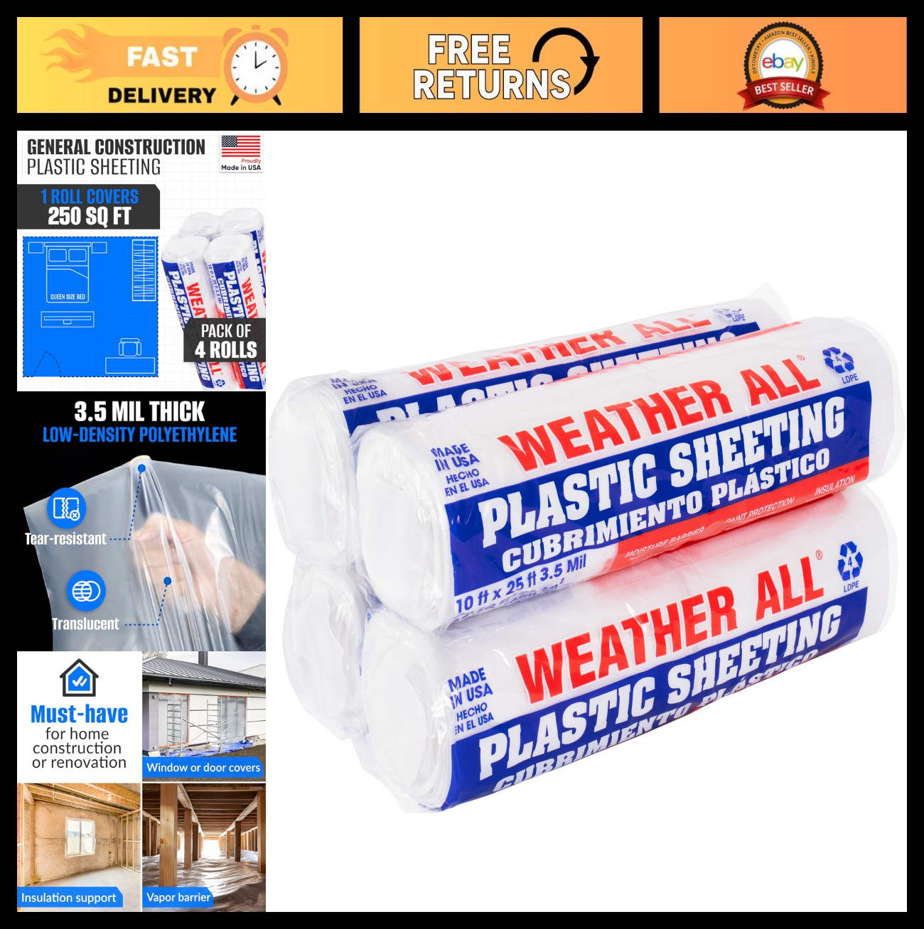 10′ x 25′ Plastic Sheeting – 3.5 mil Low-Density, Waterproof, Durable, Vapor Bar