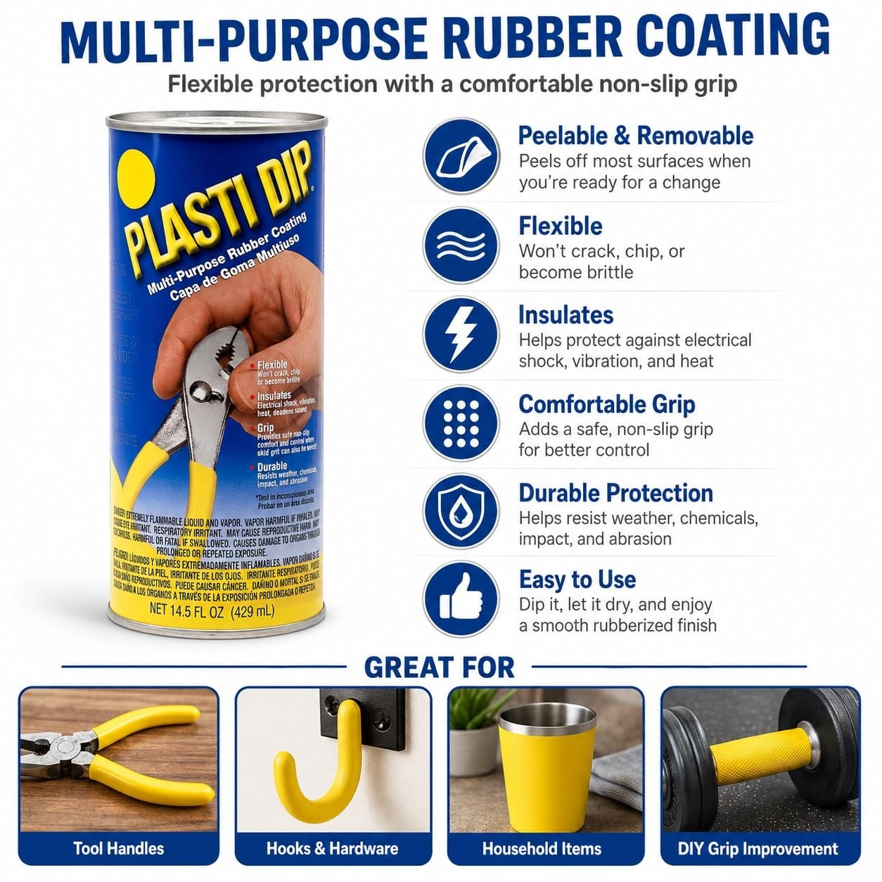 Multi-Purpose Yellow Rubber Coating Spray, 14.5 fl oz – Peelable Non-Slip Grip f