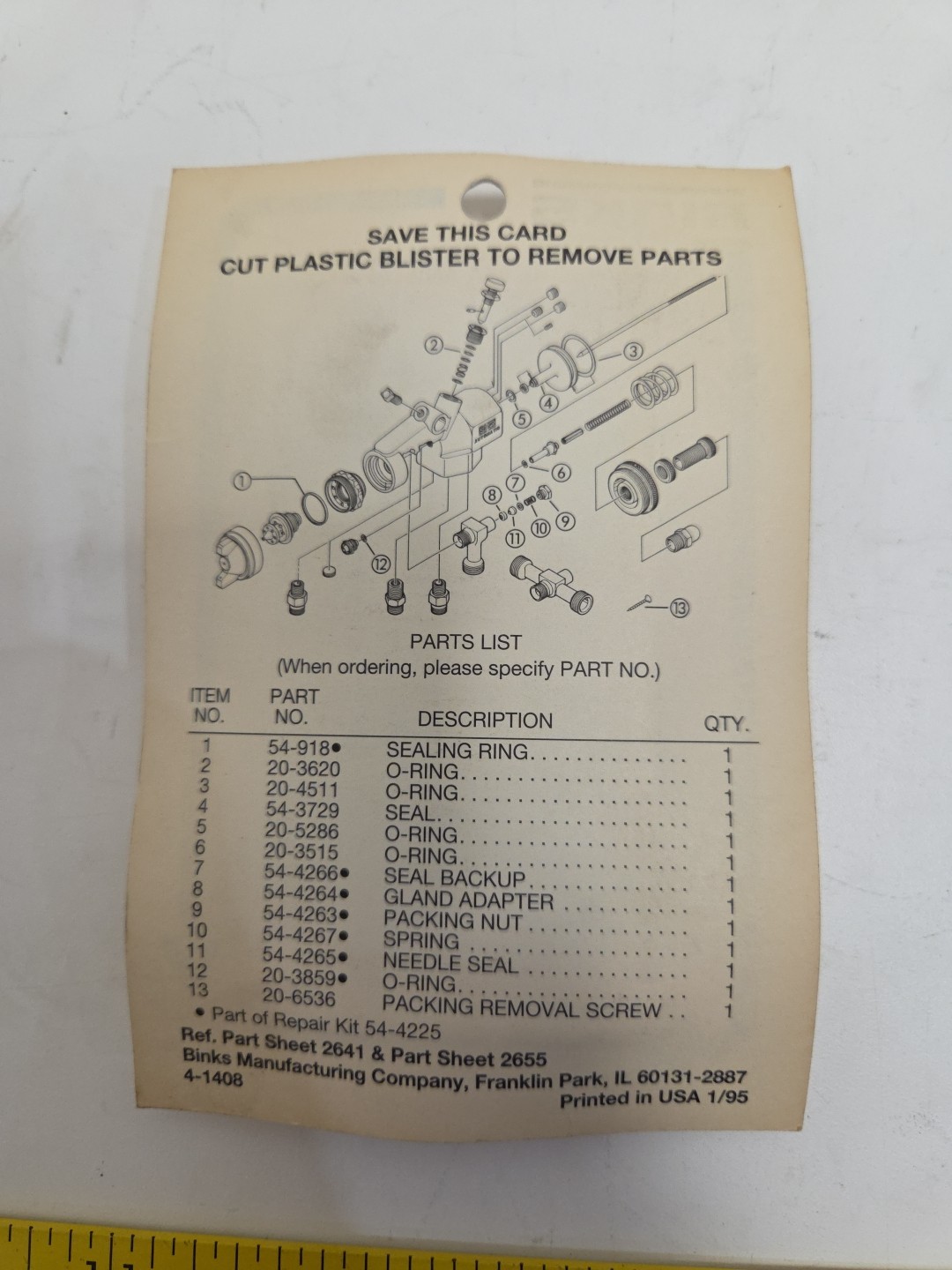 Binks 54-3579 Model 95A And 95AR Automatic Paint Gun Repair Kit