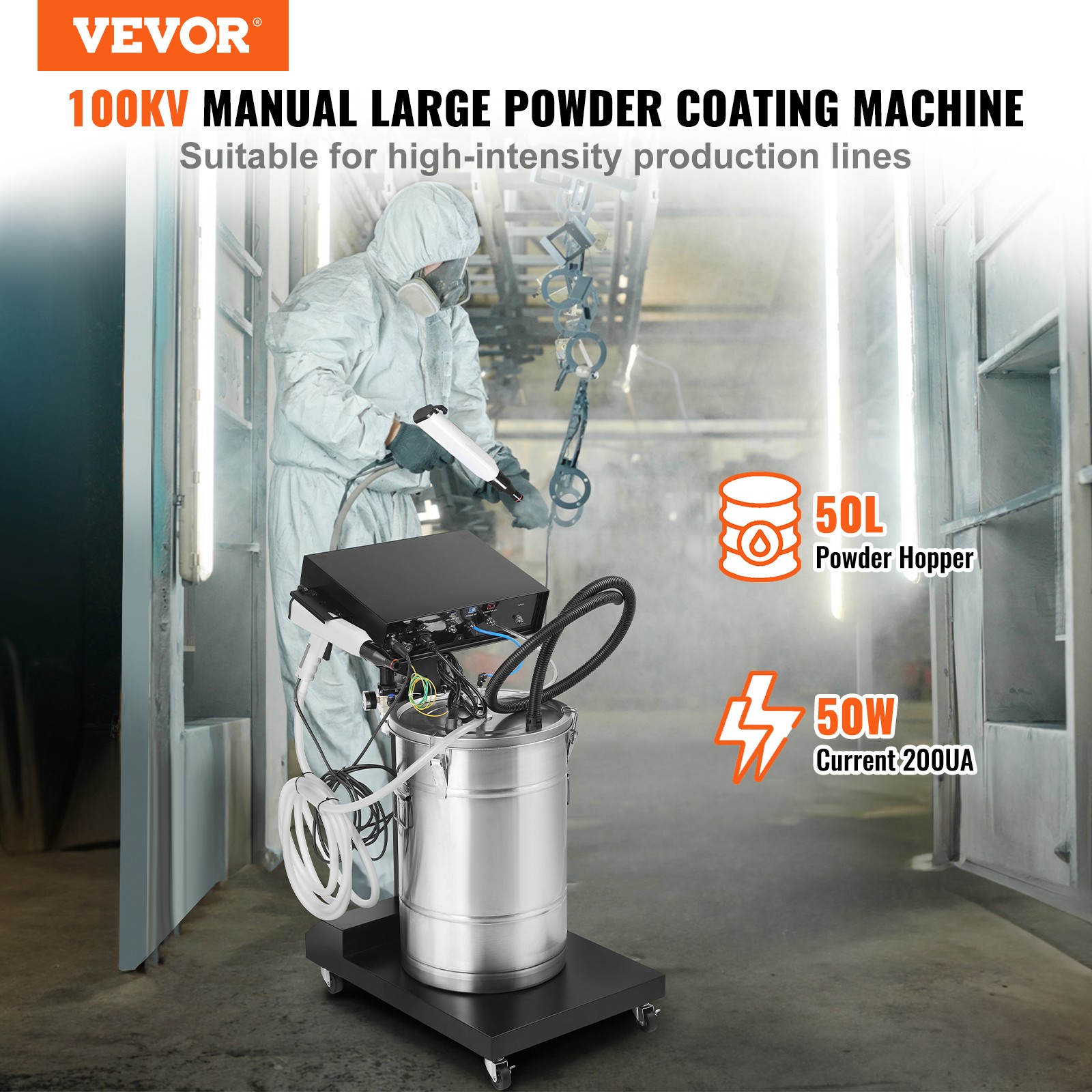VEVOR Powder Coating System 50 W 100KV Electrostatic Output 50L Powder Hopper