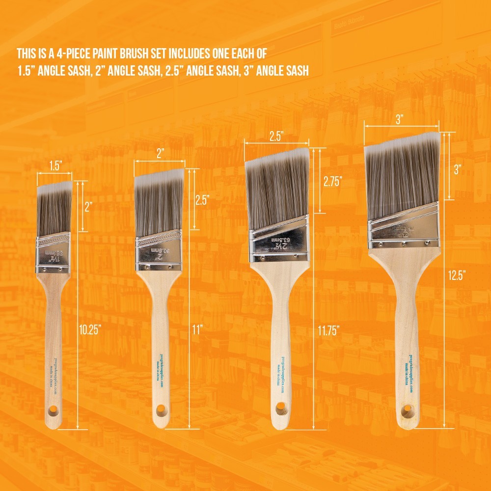 4 Pack Angle Brushes in Assorted Sizes for All Latex and Oil Paints & Stains