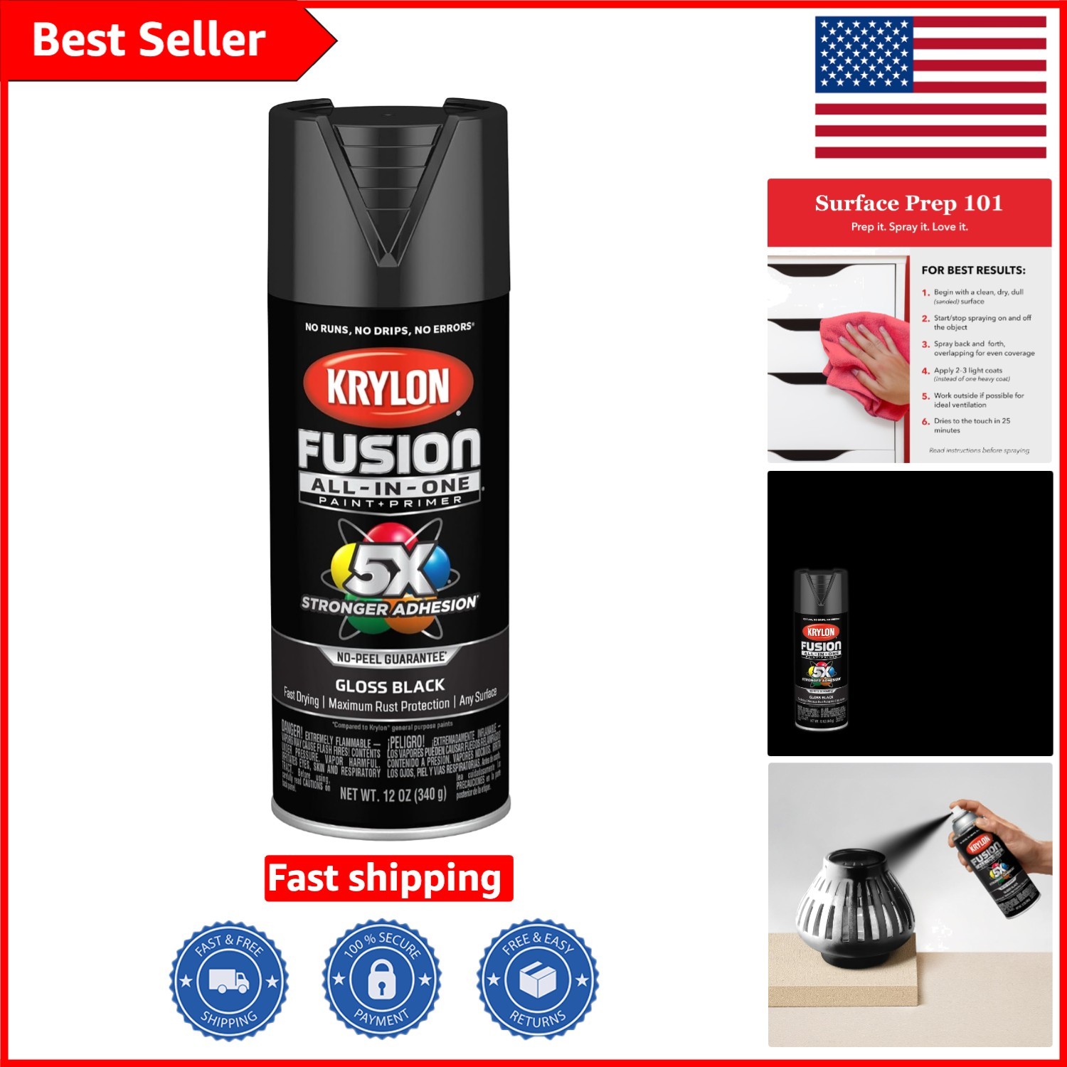 Durable Gloss Black Spray Paint – Indoor/Outdoor Use, Rust Resistant Formula